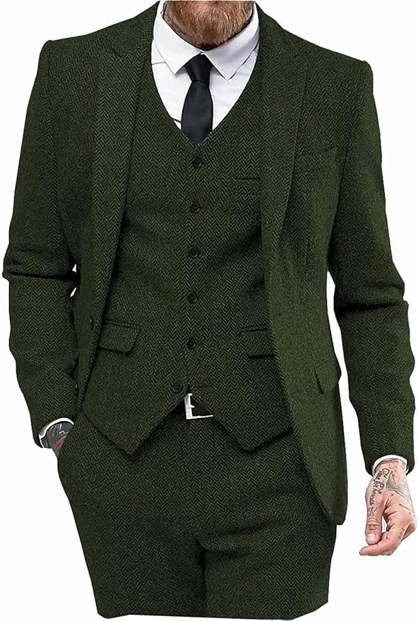 Men's Army Green herringbone wedding suit with peak lapel and tailored fit vest