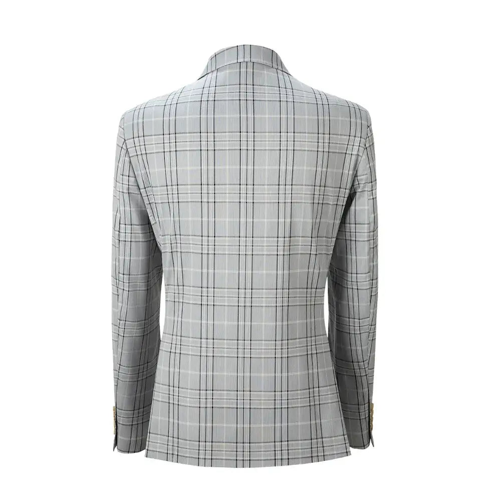 Back view of grey men's plaid blazer with classic double-breasted cut and tailored fit.