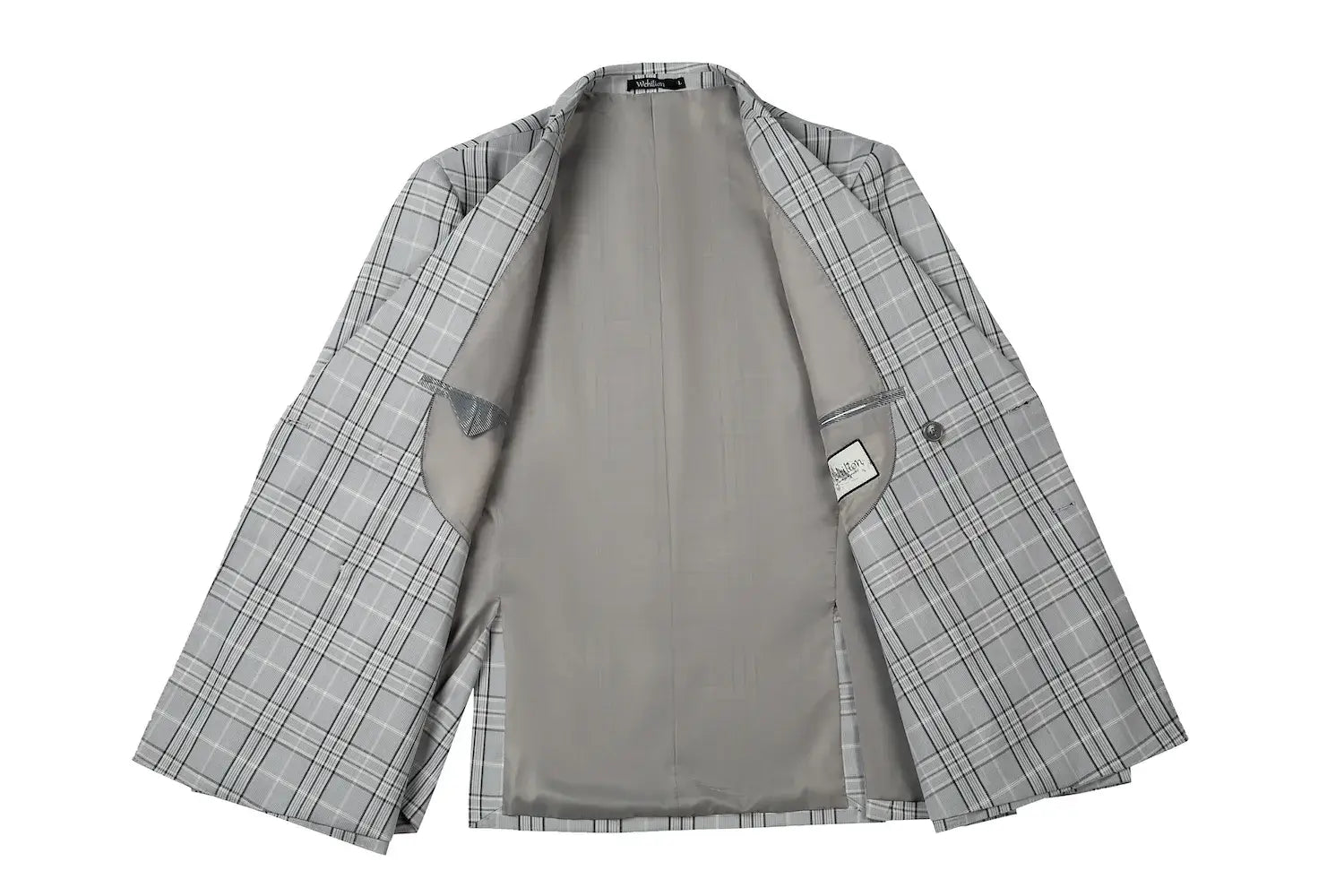 Inside view of the double-breasted blazer showing grey lining and interior pocket label.