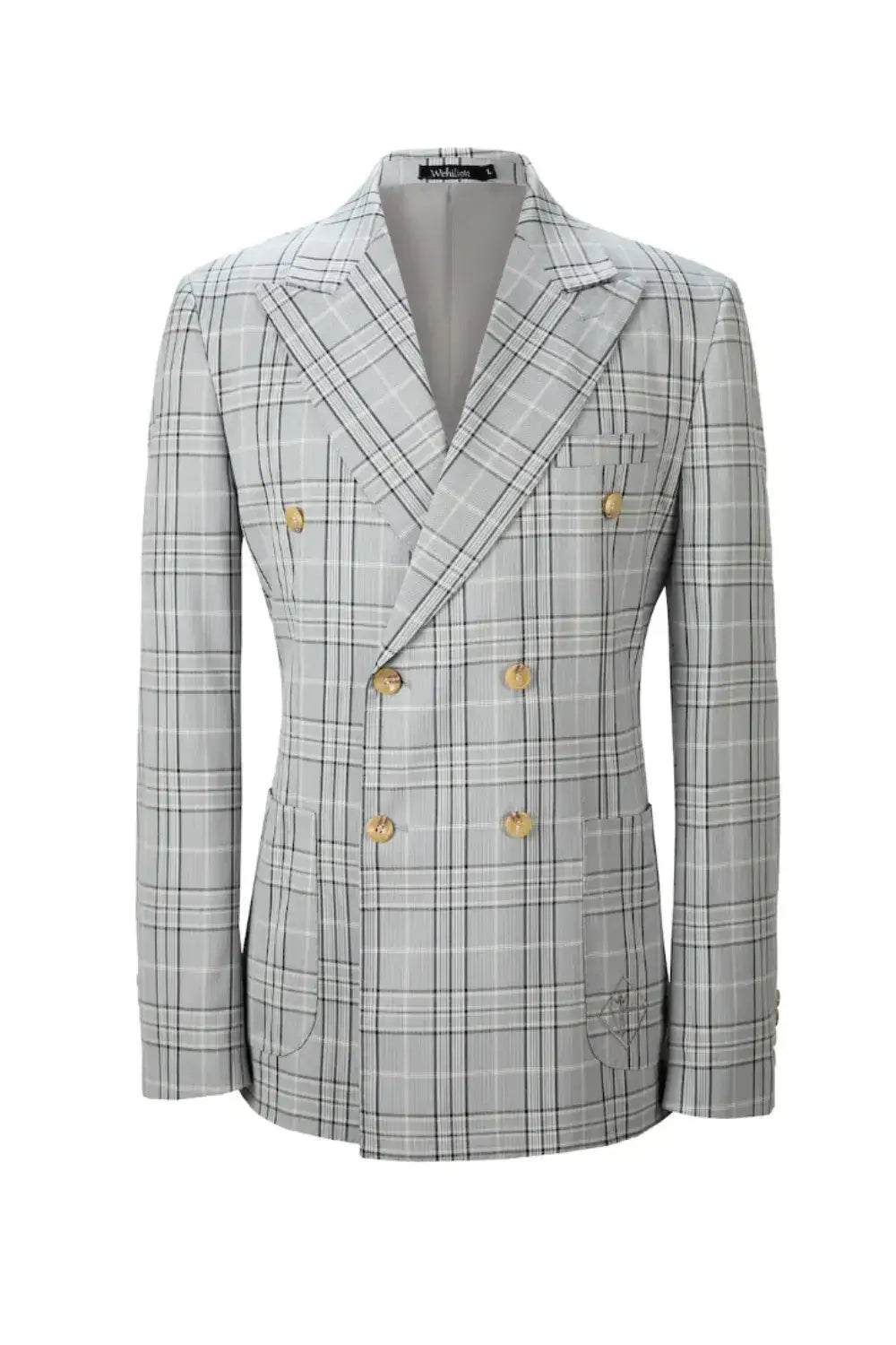 Double-breasted plaid men's blazer in grey with peak lapel and gold buttons – front view.