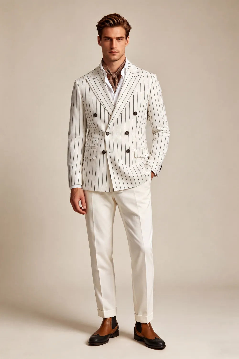 Men's Ivory Pinstripe Double Breasted 2 Piece Suit