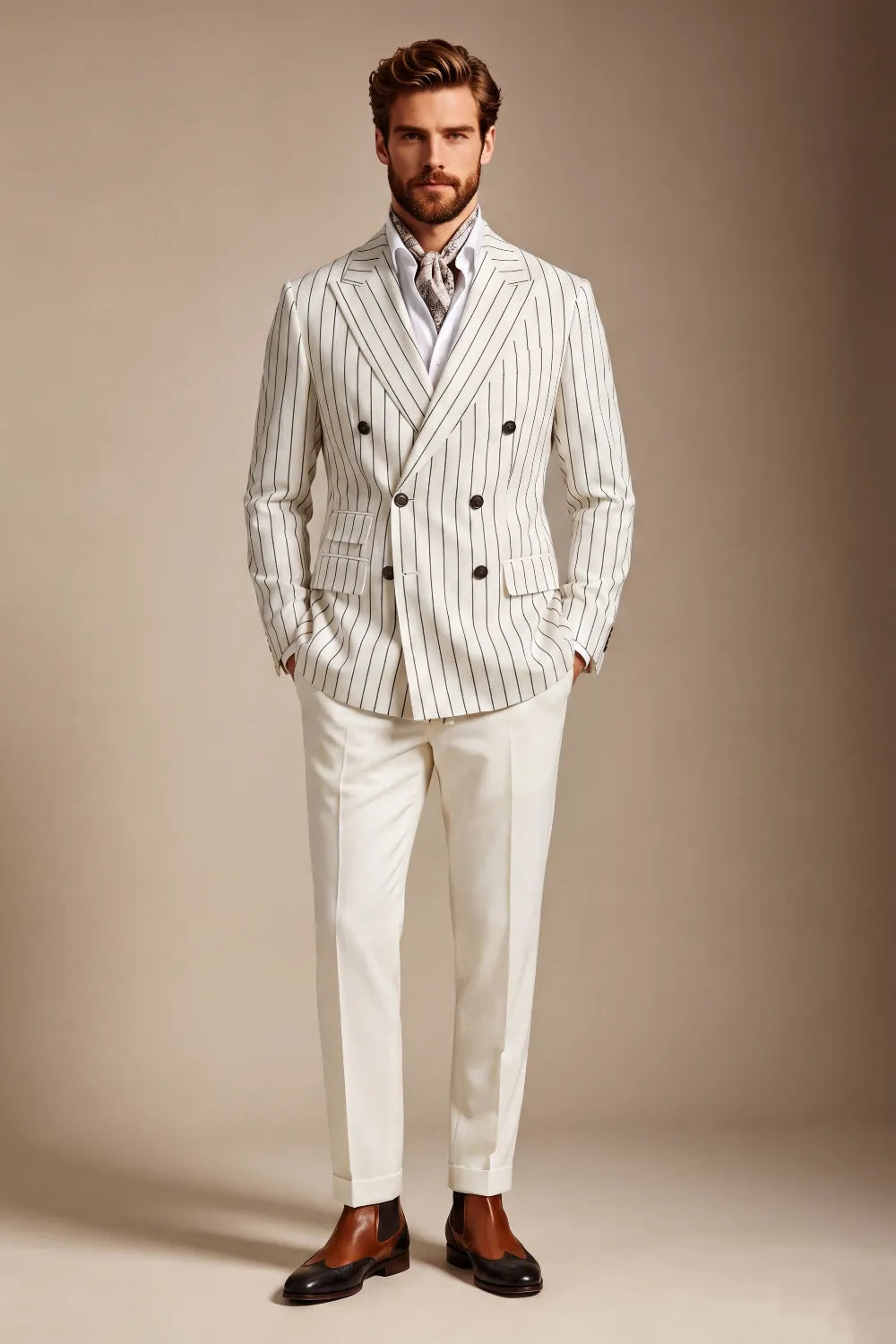 Men's Ivory Pinstripe Double Breasted 2 Piece Suit