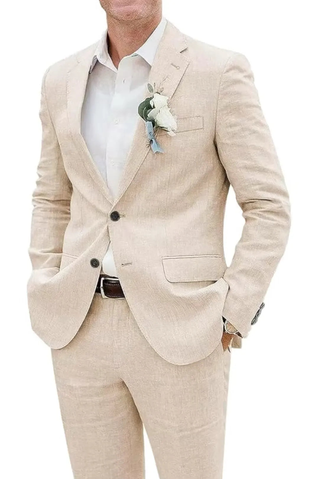 Close-up of beige slim fit linen suit jacket with boutonniere and dress shirt – lightweight summer outfit.