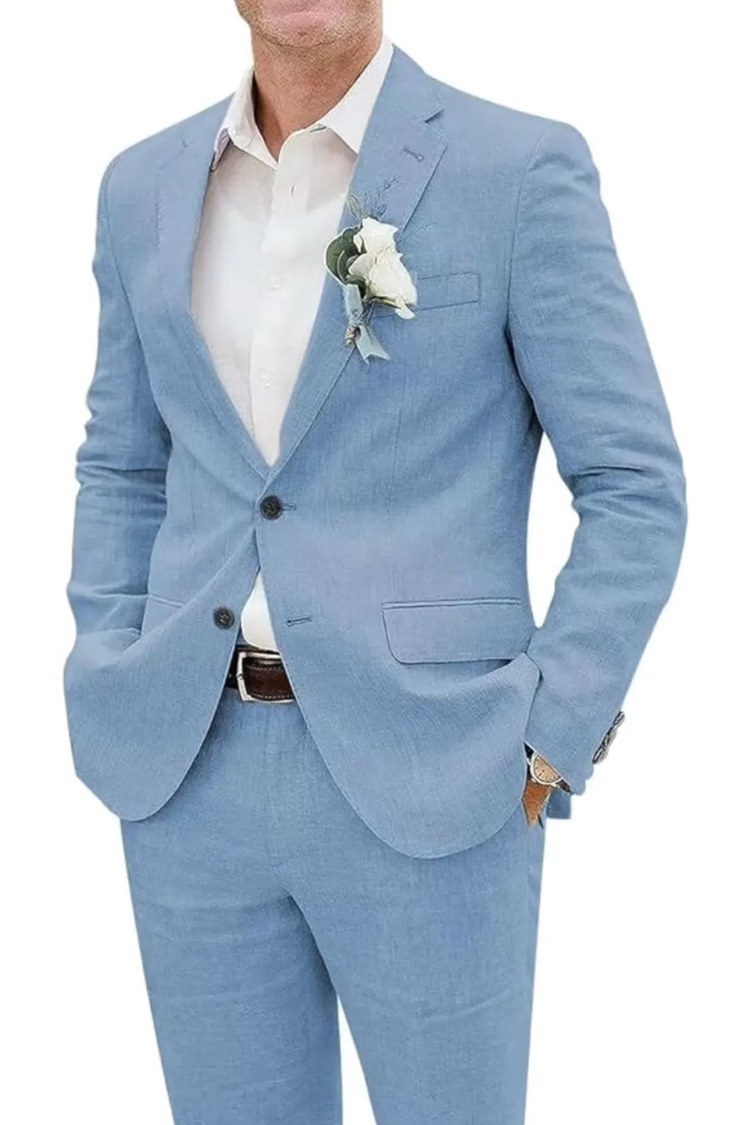 Close-up of blue slim fit linen suit jacket with boutonniere and dress shirt – summer event look.