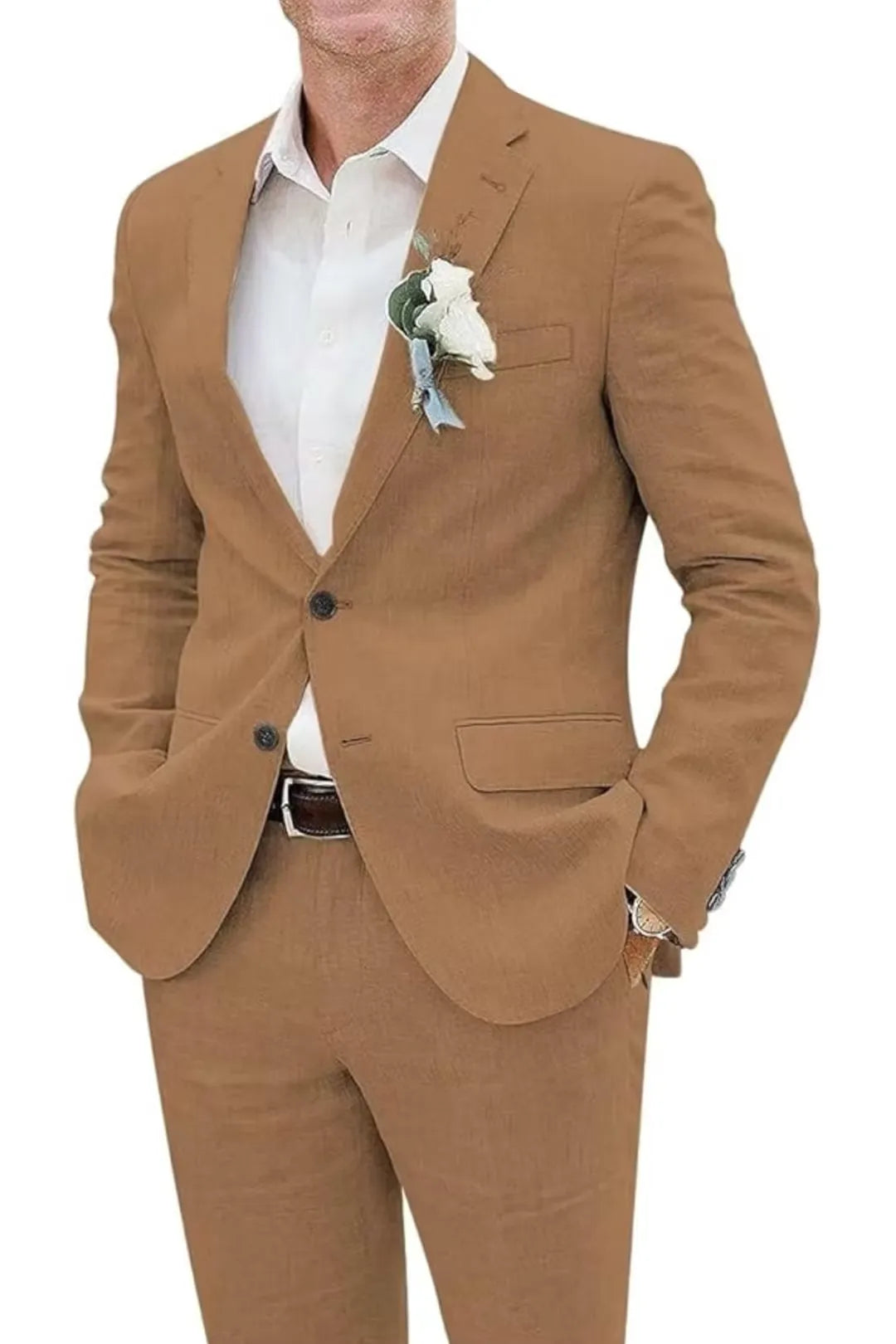 Close-up of brown slim fit linen suit jacket with boutonniere and dress shirt – summer formal wear.