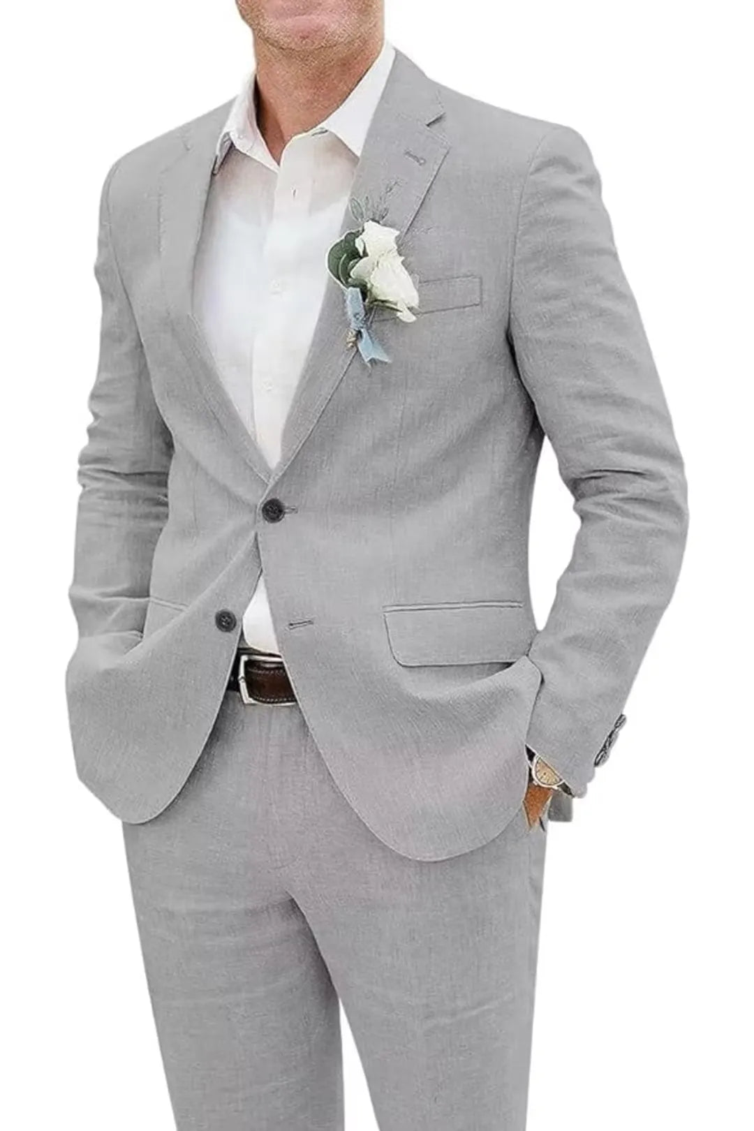 Close-up of grey slim fit linen suit jacket with boutonniere and dress shirt – timeless summer style.