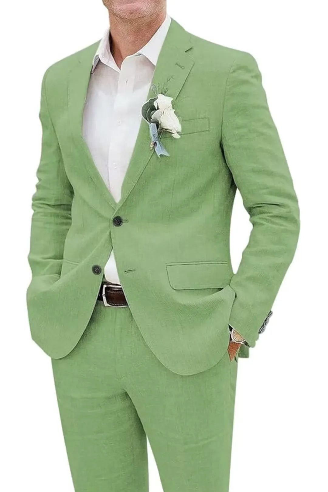LIght green linen slim fit 2 piece men’s suit with boutonniere and shirt – elegant summer or beach wedding outfit.