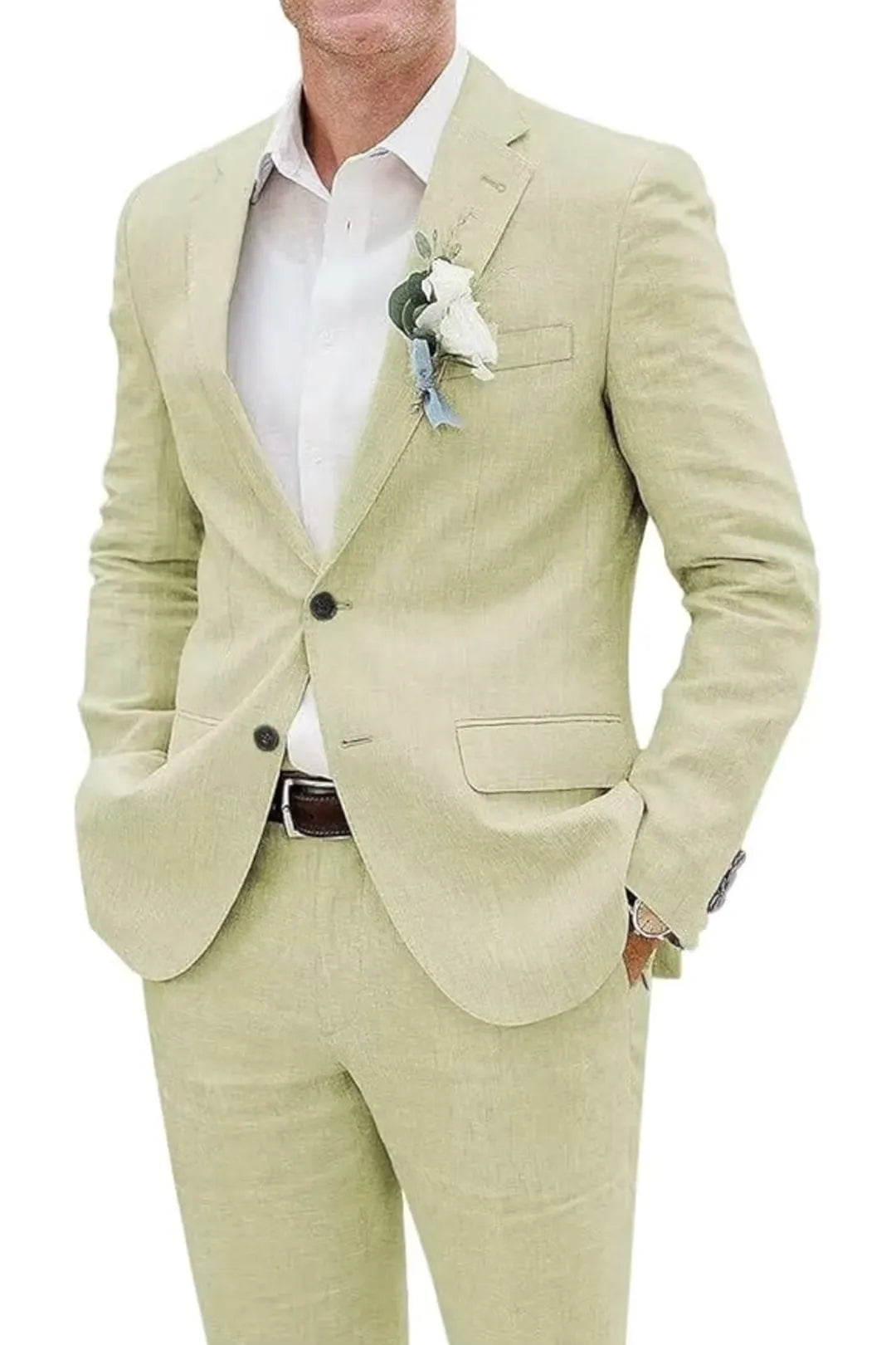 Light sage green linen slim fit 2 piece men’s suit with boutonniere and shirt – fresh summer wedding jacket & pants.