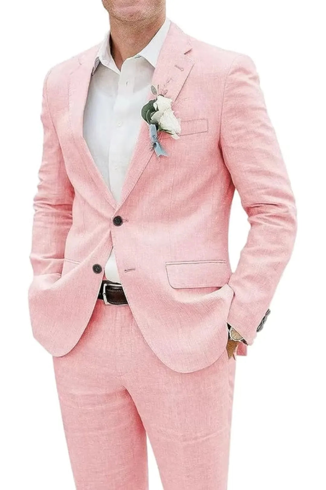 Close-up of pink slim fit linen suit jacket with boutonniere and dress shirt – stylish summer look.