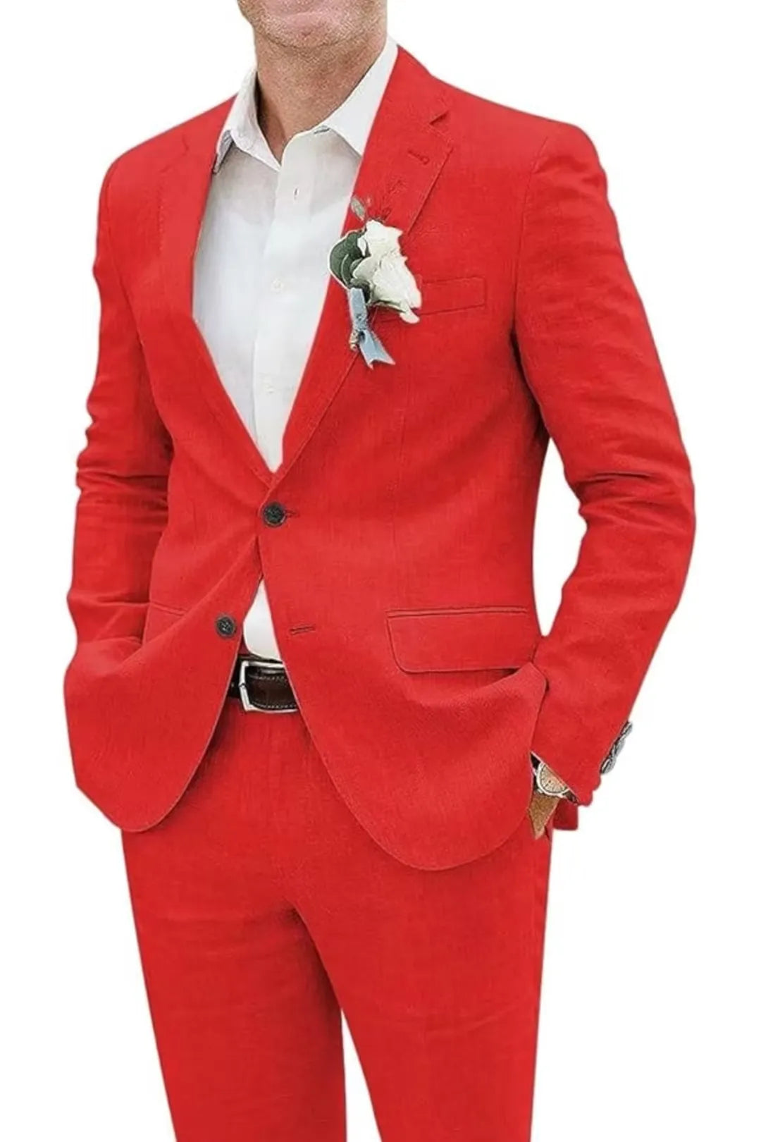 Red linen slim fit 2 piece men’s suit with boutonniere and shirt – striking summer wedding outfit.