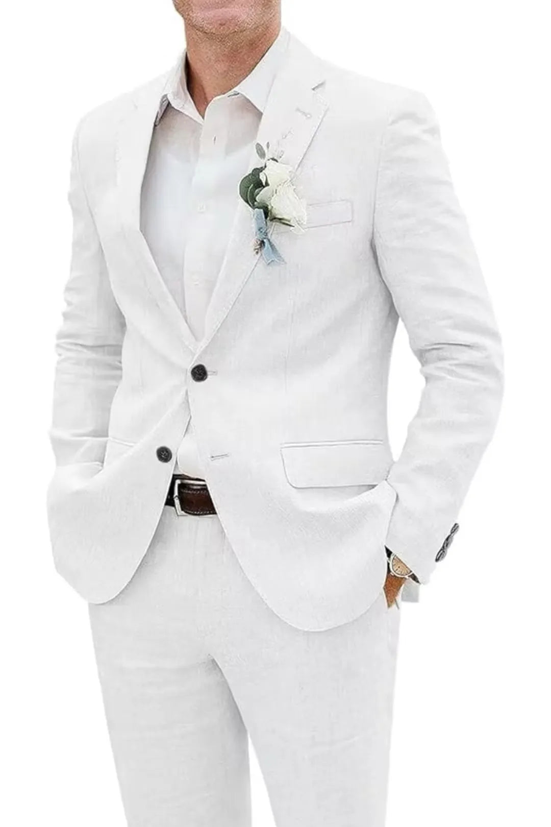 Close-up of white slim fit linen suit jacket with boutonniere and dress shirt – classic summer look.