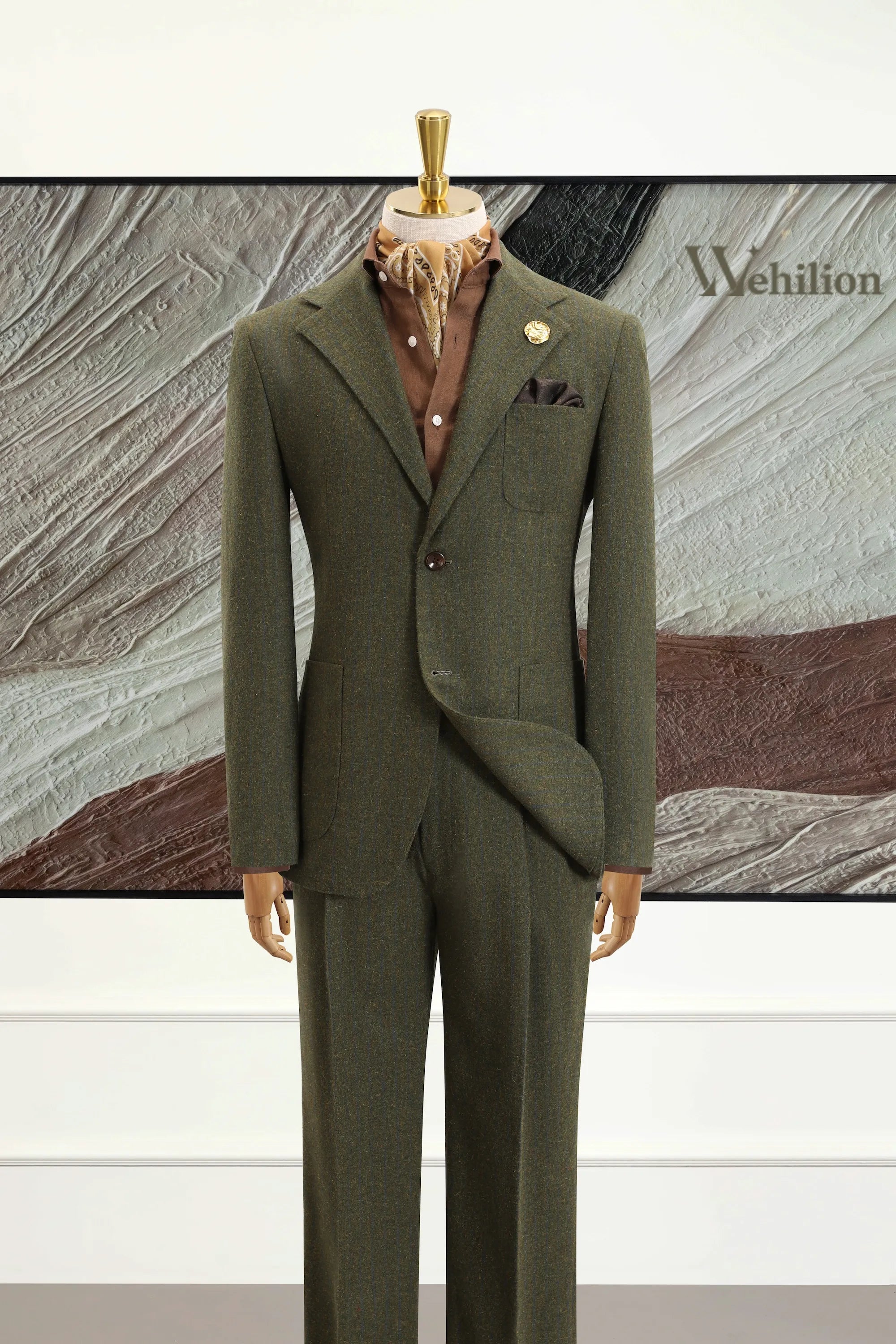 Men's Green Wool Herringbone 2 Piece Suits