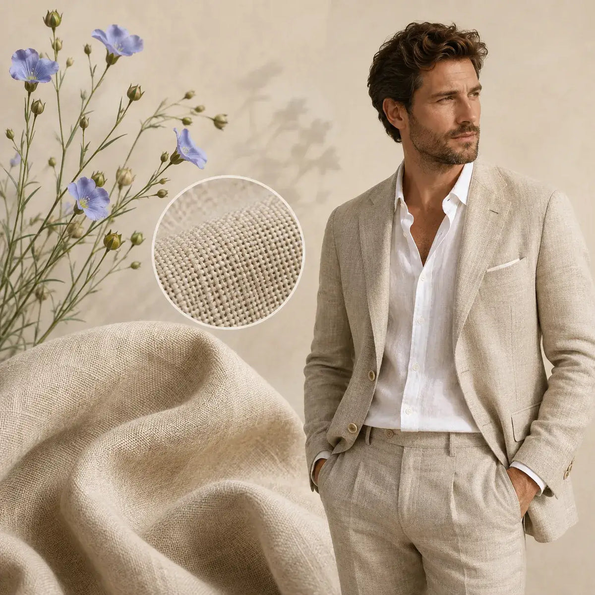 Flax flowers, natural linen fabric texture, and a man wearing a beige linen suit, illustrating what linen is made of and how it is used in clothing.