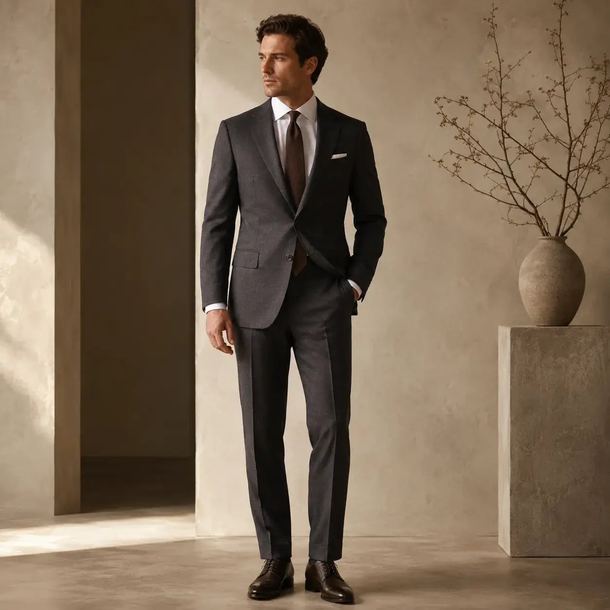 Man wearing a tailored single breasted suit with a clean two button jacket in a minimalist editorial studio setting.