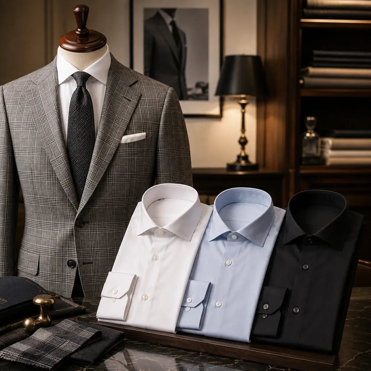 White, light blue, and black dress shirt options styled with a men's grey plaid suit.