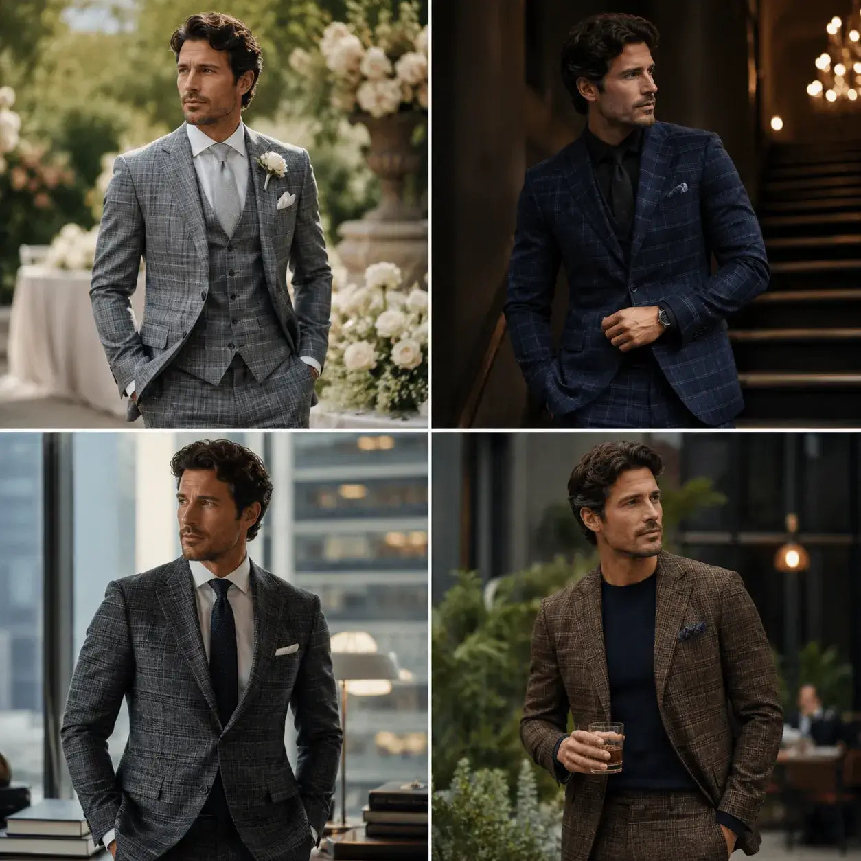 Men wearing plaid suits for wedding, evening party, business, and weekend occasions.