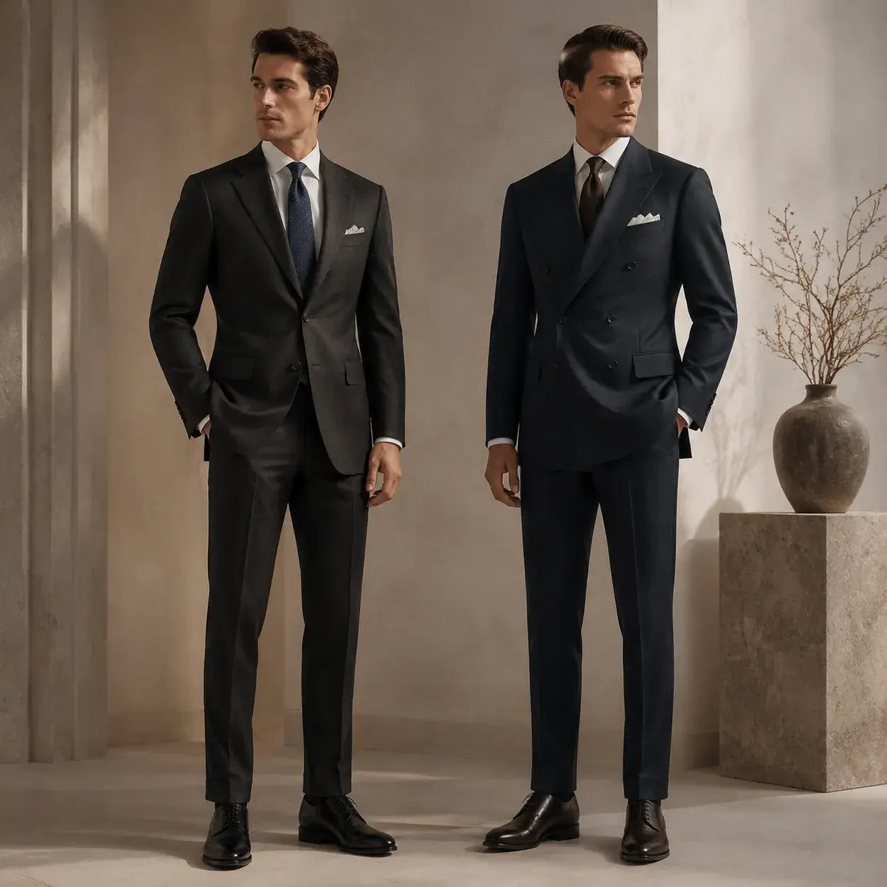 Two men wearing single breasted and double breasted suits in a luxury editorial studio setting comparing formal suit styles.