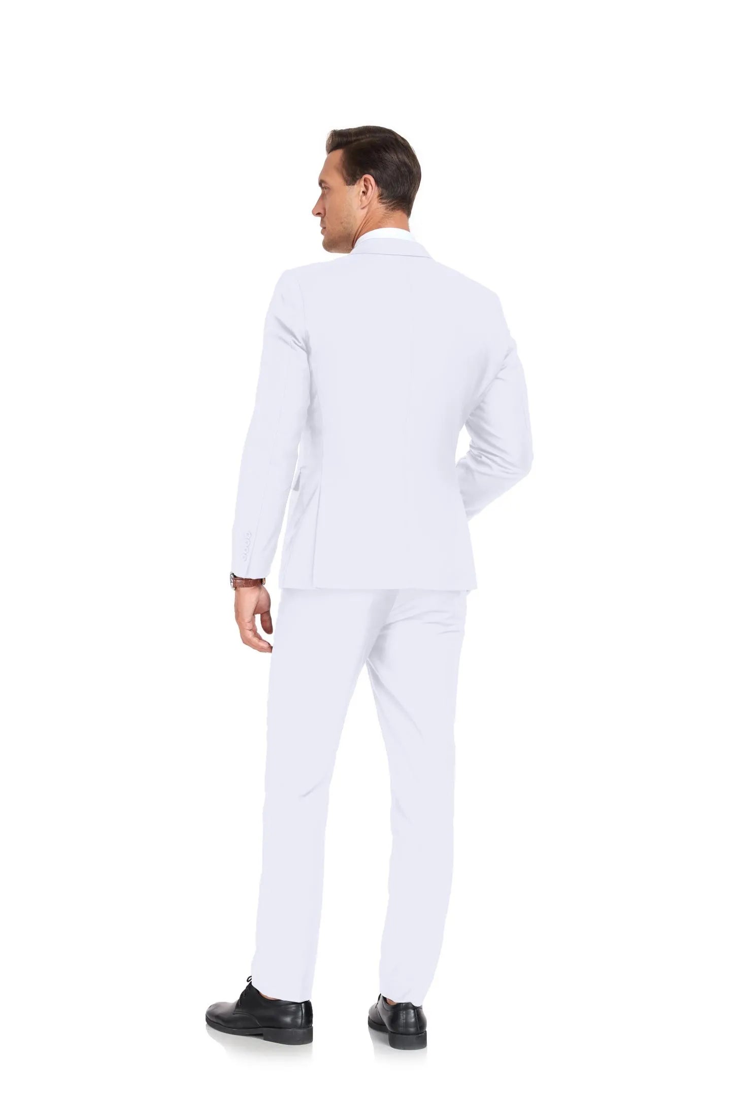back view of tailored white two button 2 piece men's suit, minimalist summer formal styling