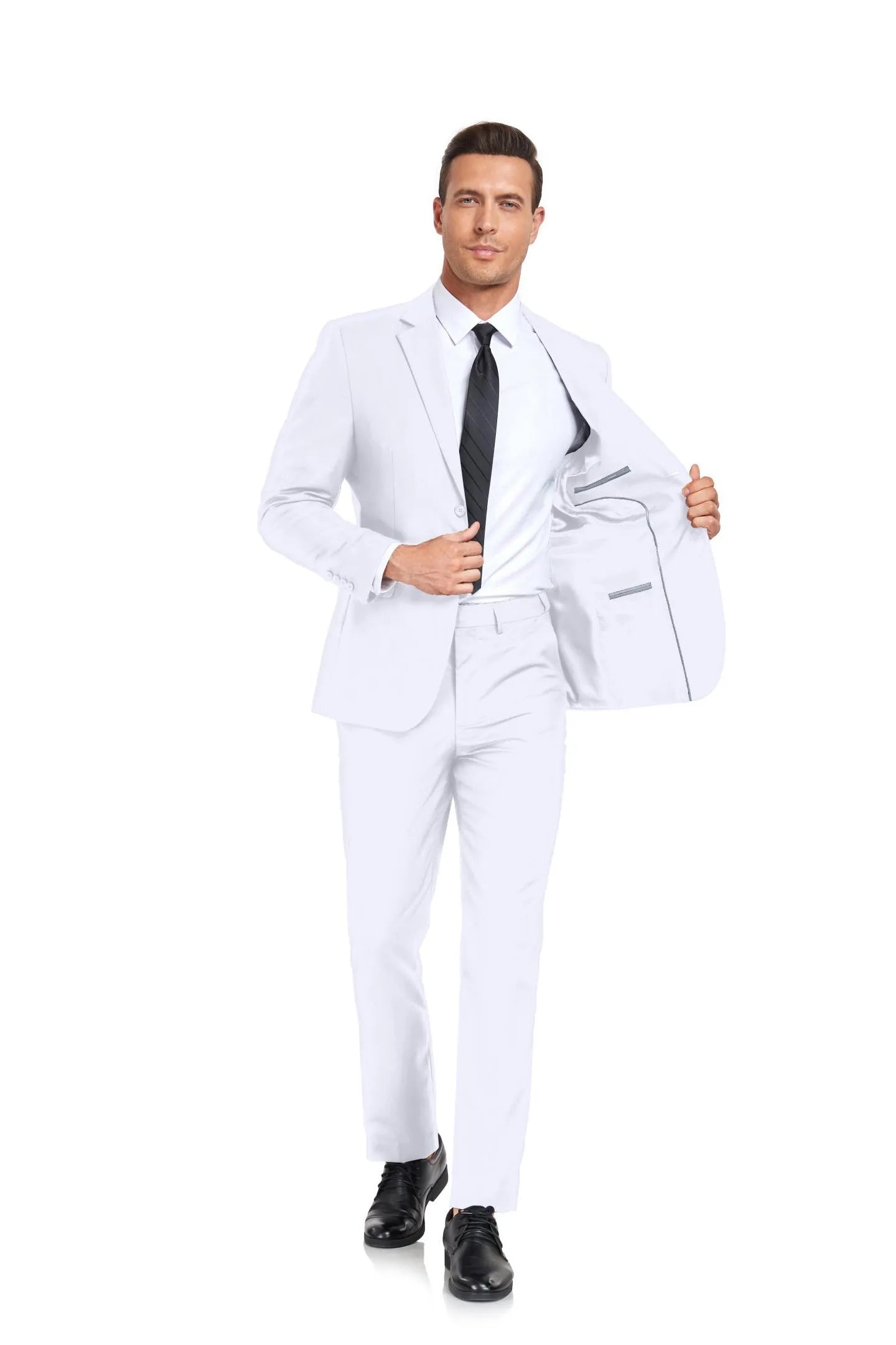 formal white two button 2 piece men's suit with pocket square, groom-ready wedding style