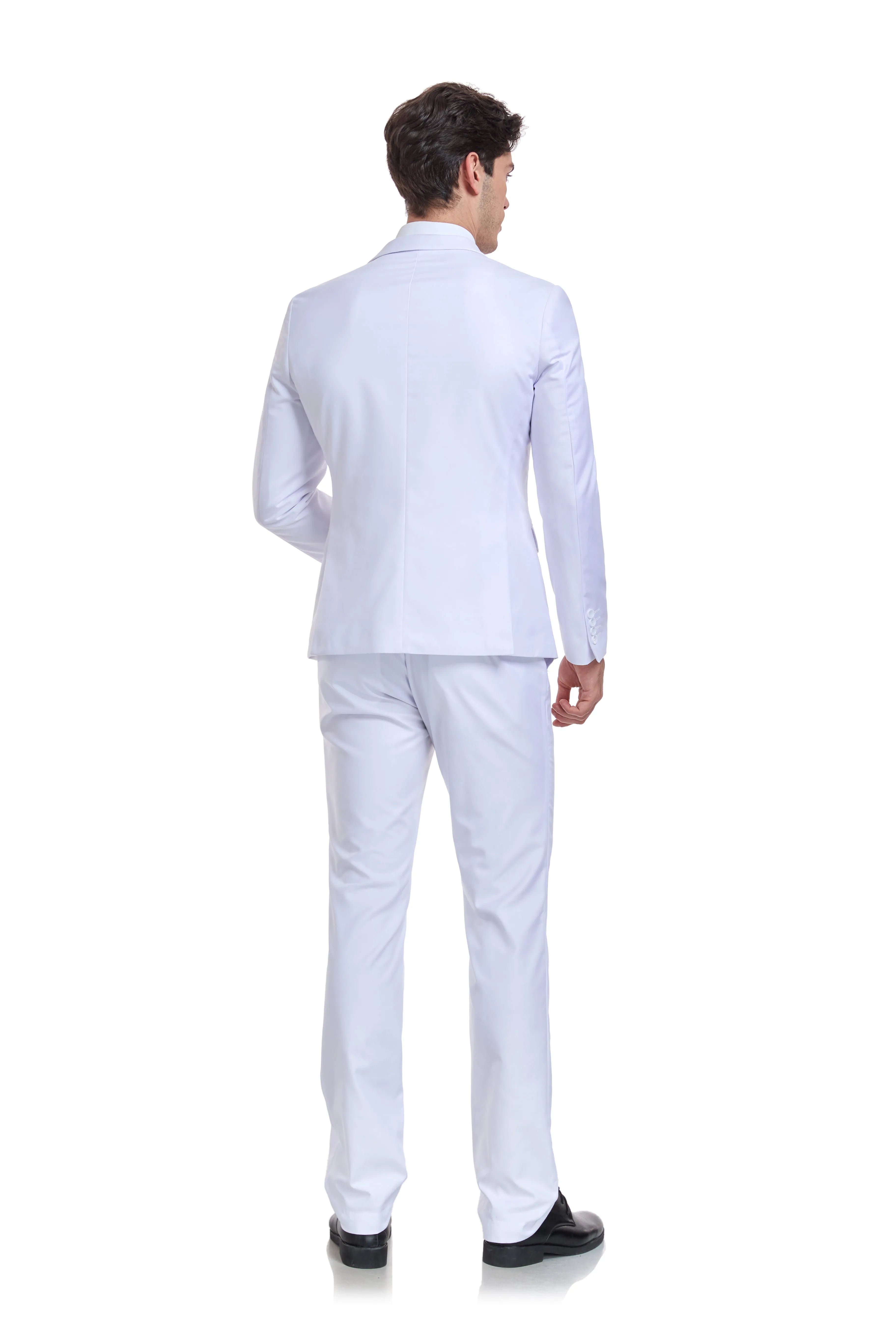 back view of white 3 piece men's suit showing tailored silhouette and slim fit cut