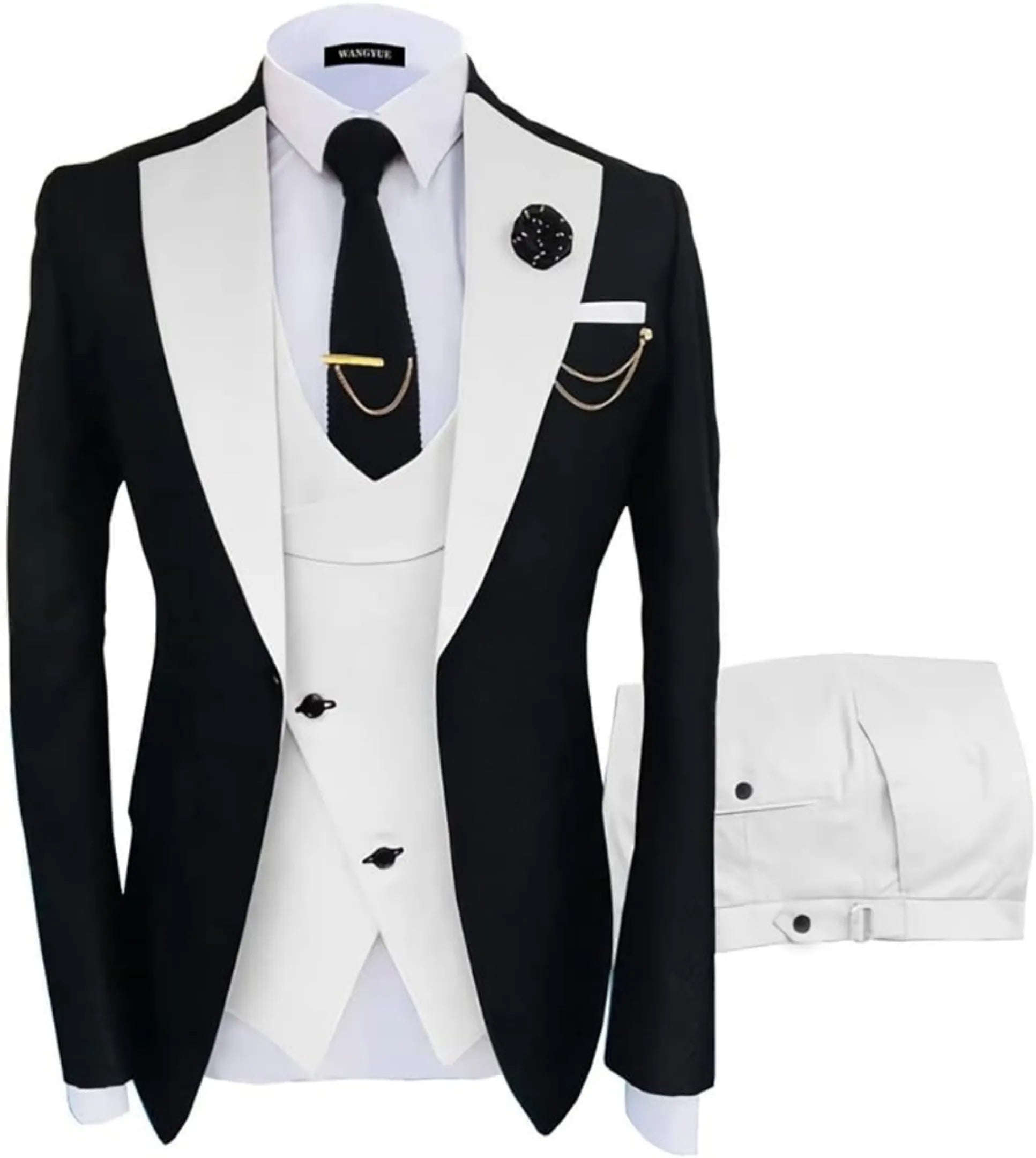 white and black 3 piece men's suit: black blazer with white satin lapel, cross white vest, gold chain, lapel pin and white pocket square