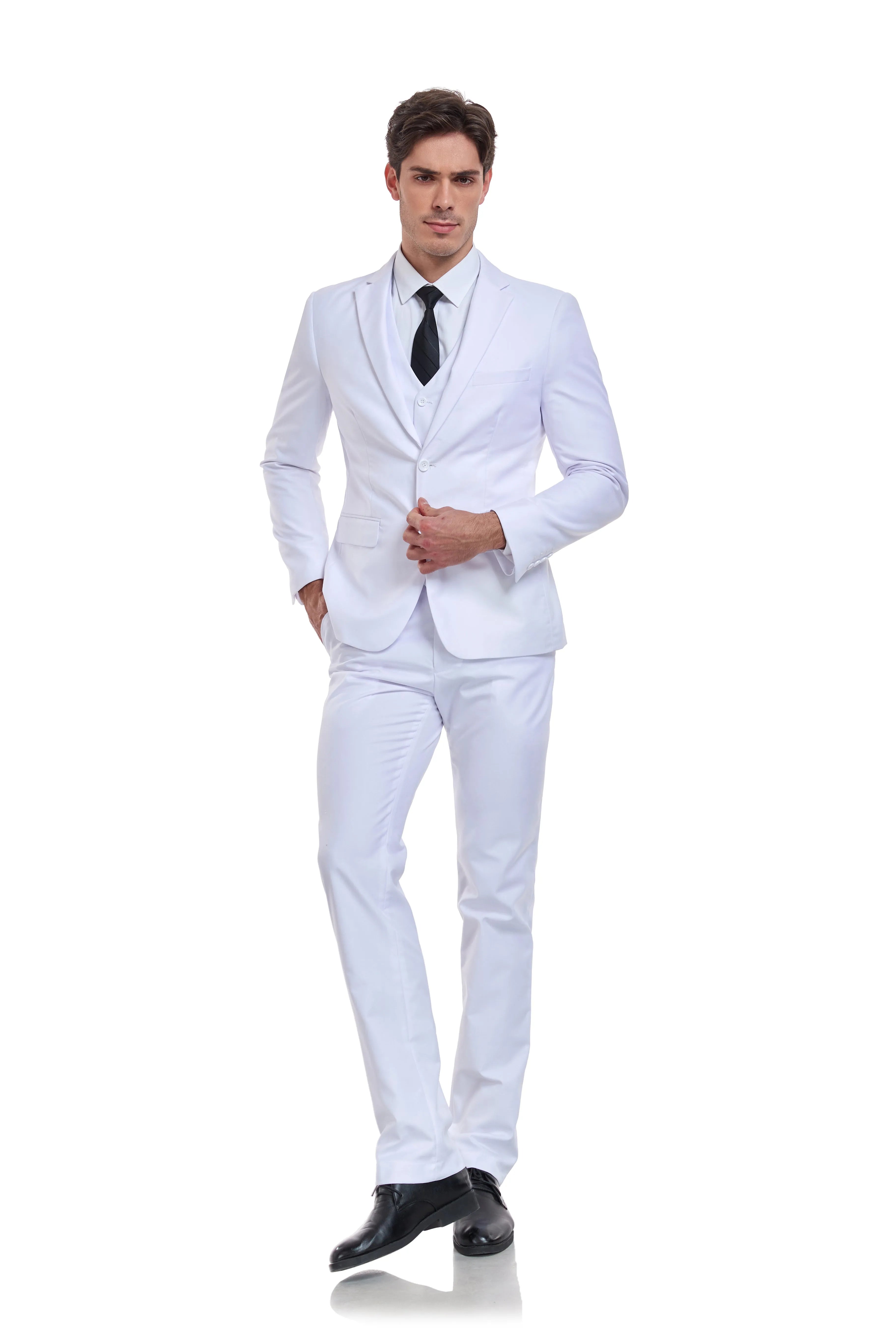 front view of white two button 3 piece men's suit with blazer, vest, and trousers – slim fit wedding style