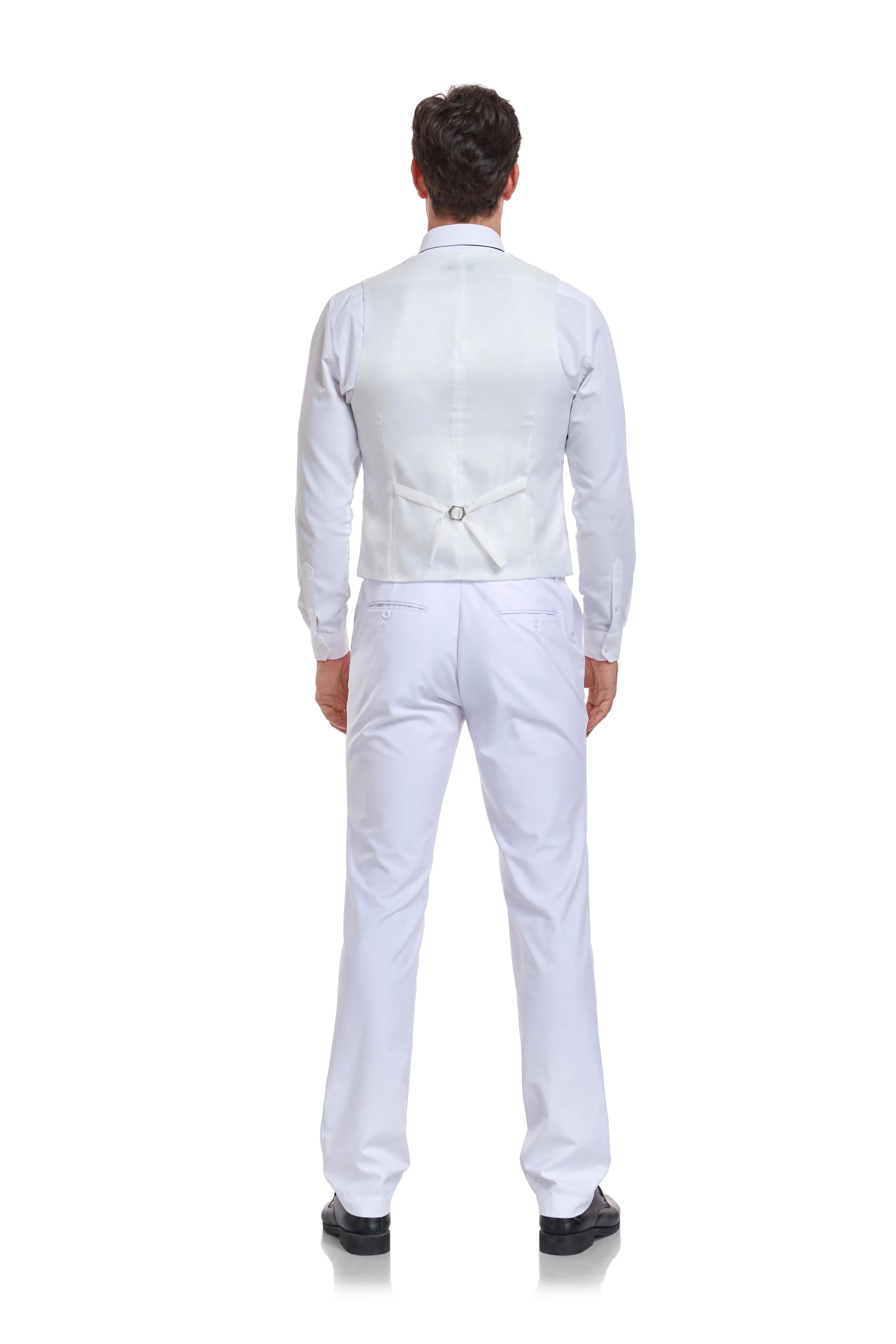 white tuxedo-inspired 3 piece men's suit with notch lapel blazer, tie, and pocket square