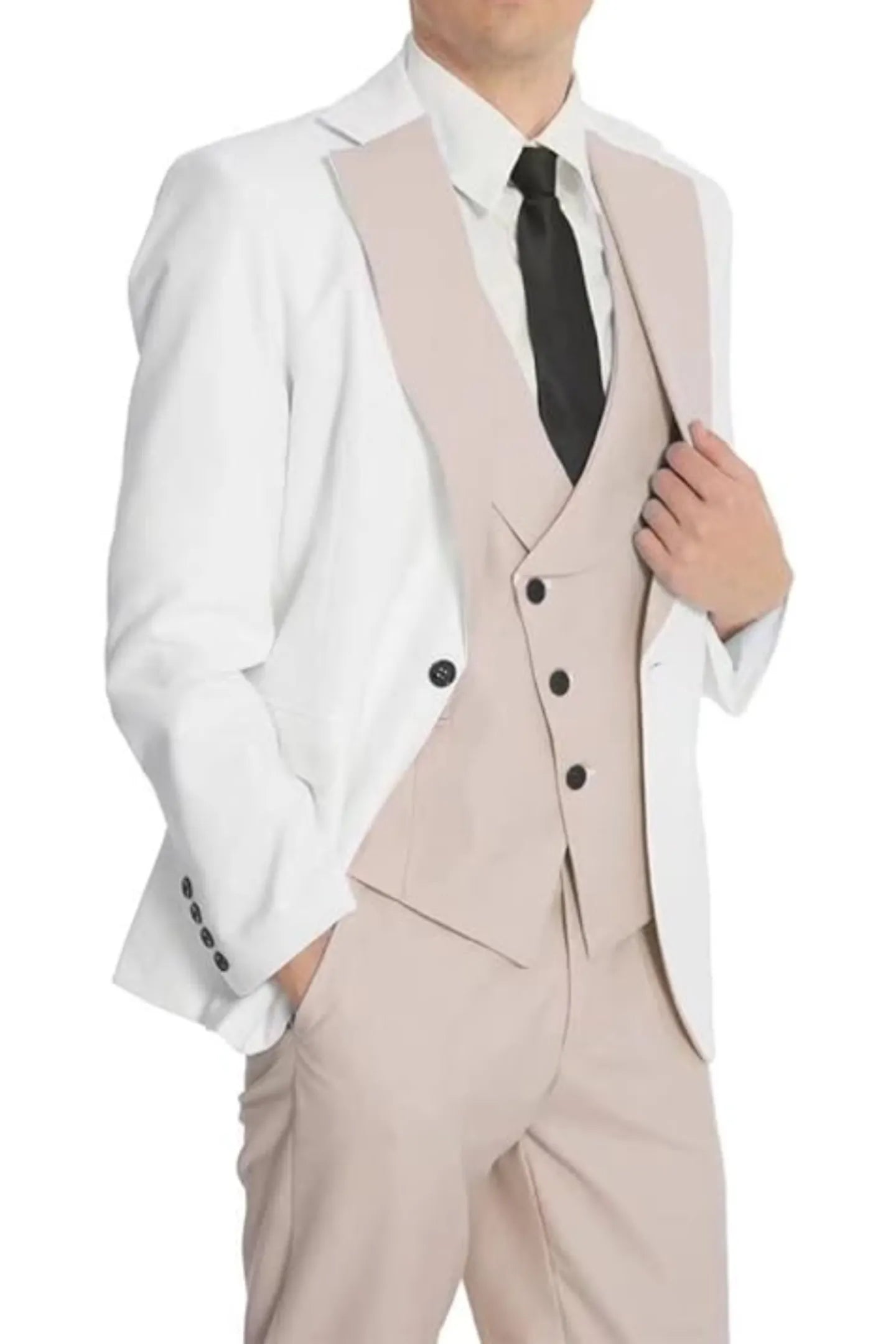 white and beige 3 piece men's suit: white blazer with beige V-lapel, cross beige vest, black buttons, slim fit formal wear