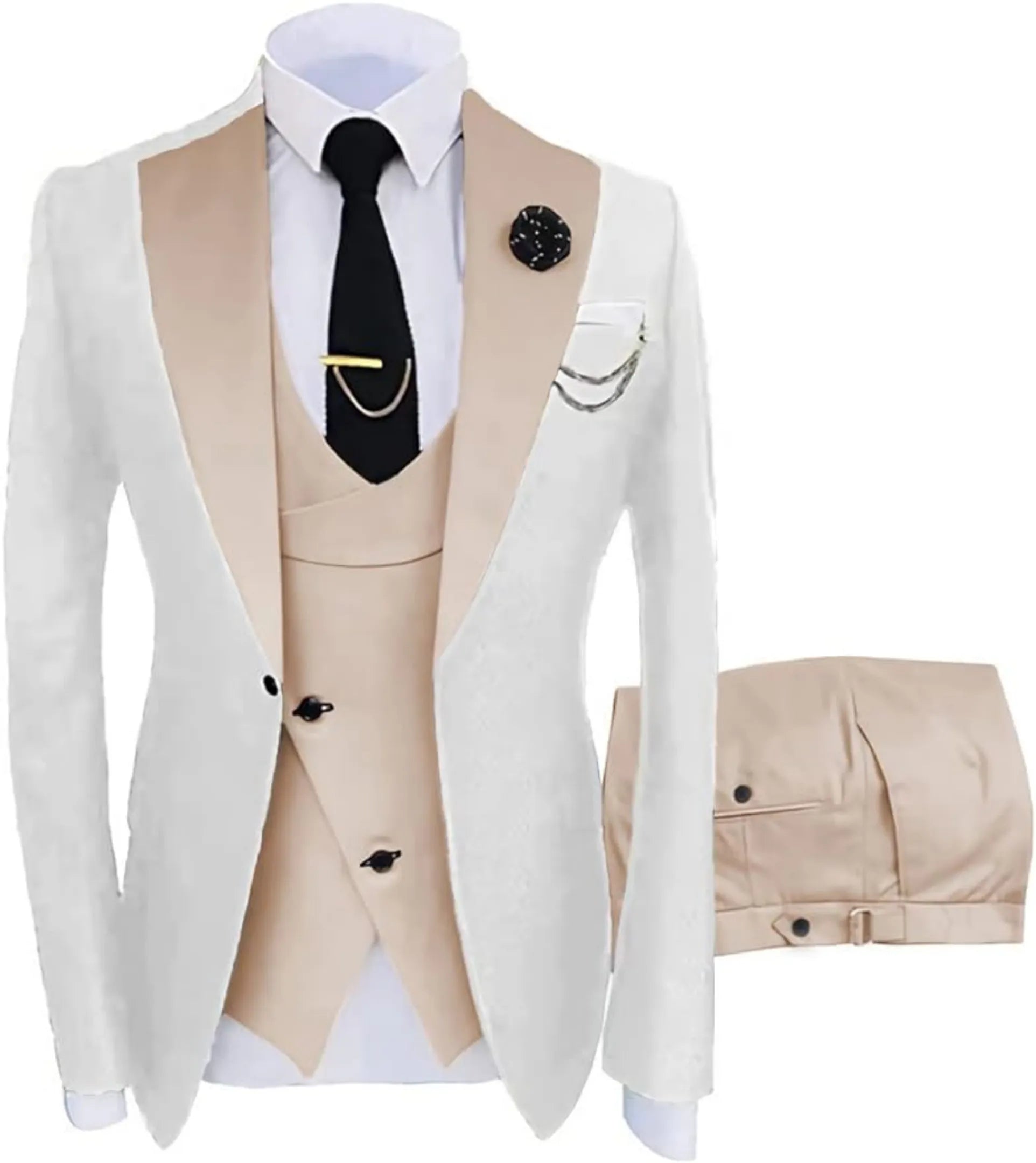 white-beige fashion slim fit 3 piece men's suit: Ivory blazer with beige lapel, black tie, lapel pin and pocket square, matching trousers included