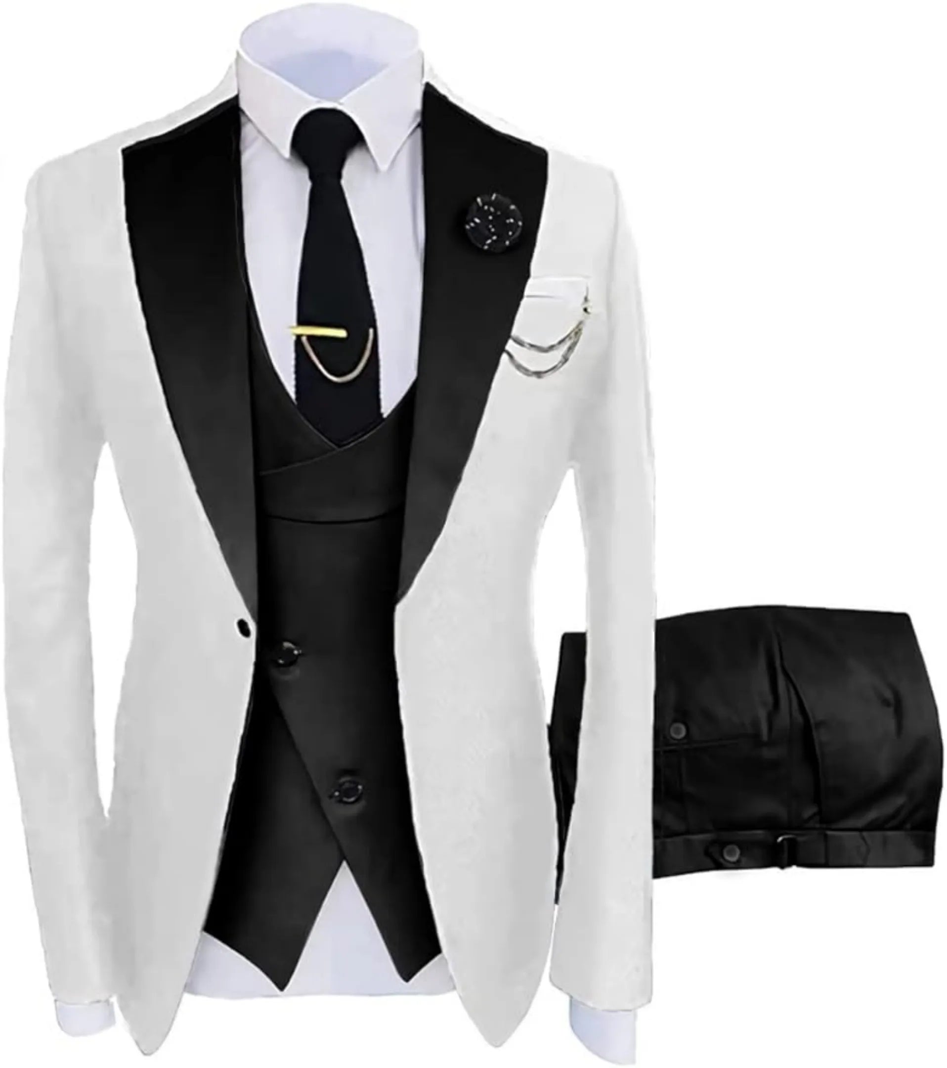 white and black 3 piece men's suit: white blazer with black satin lapel, cross black vest, silver chain, lapel pin and white pocket square