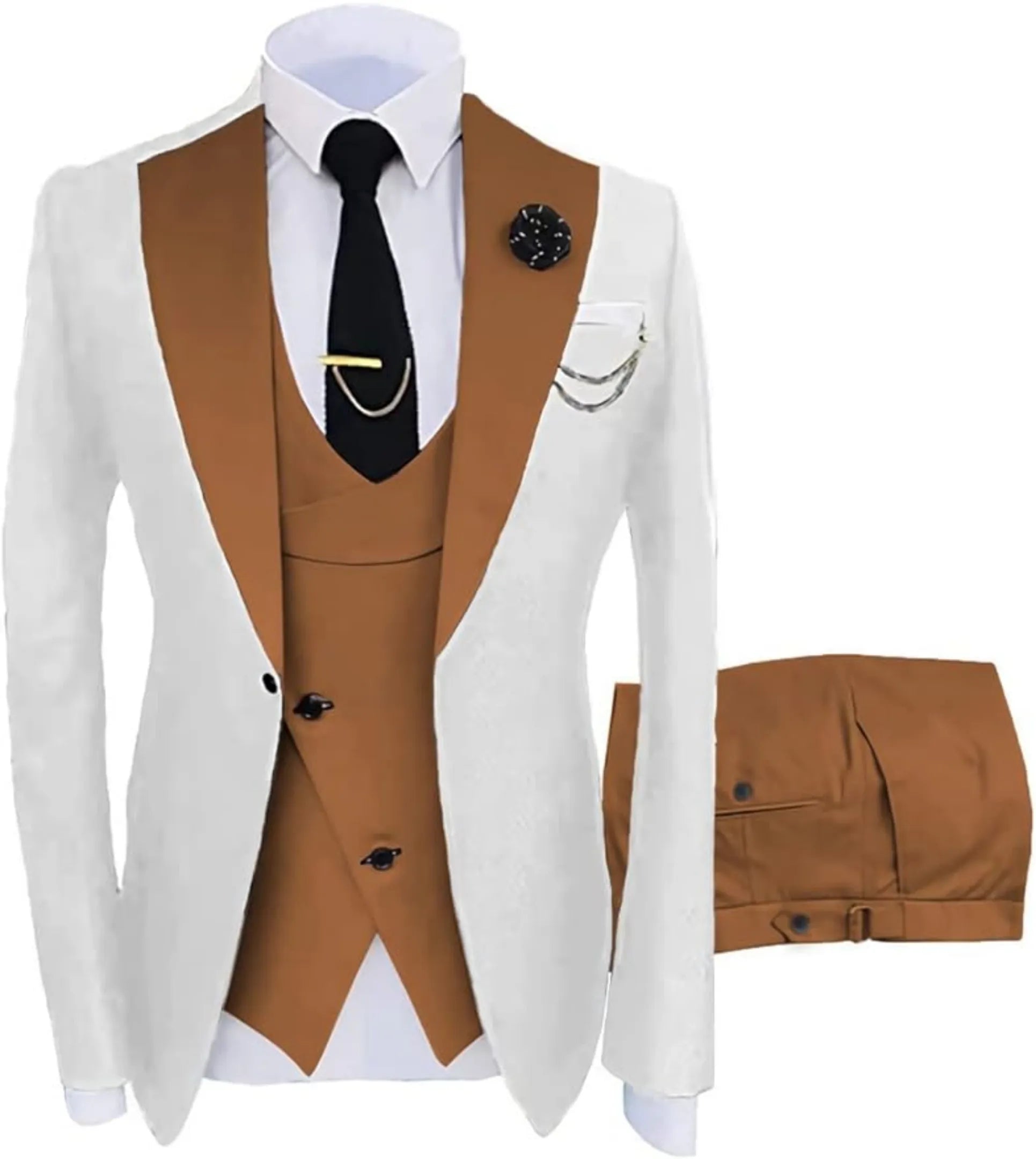 white and brown 3 piece men's suit: white blazer with brown satin lapel, cross brown vest, silver chain, lapel pin and white pocket square