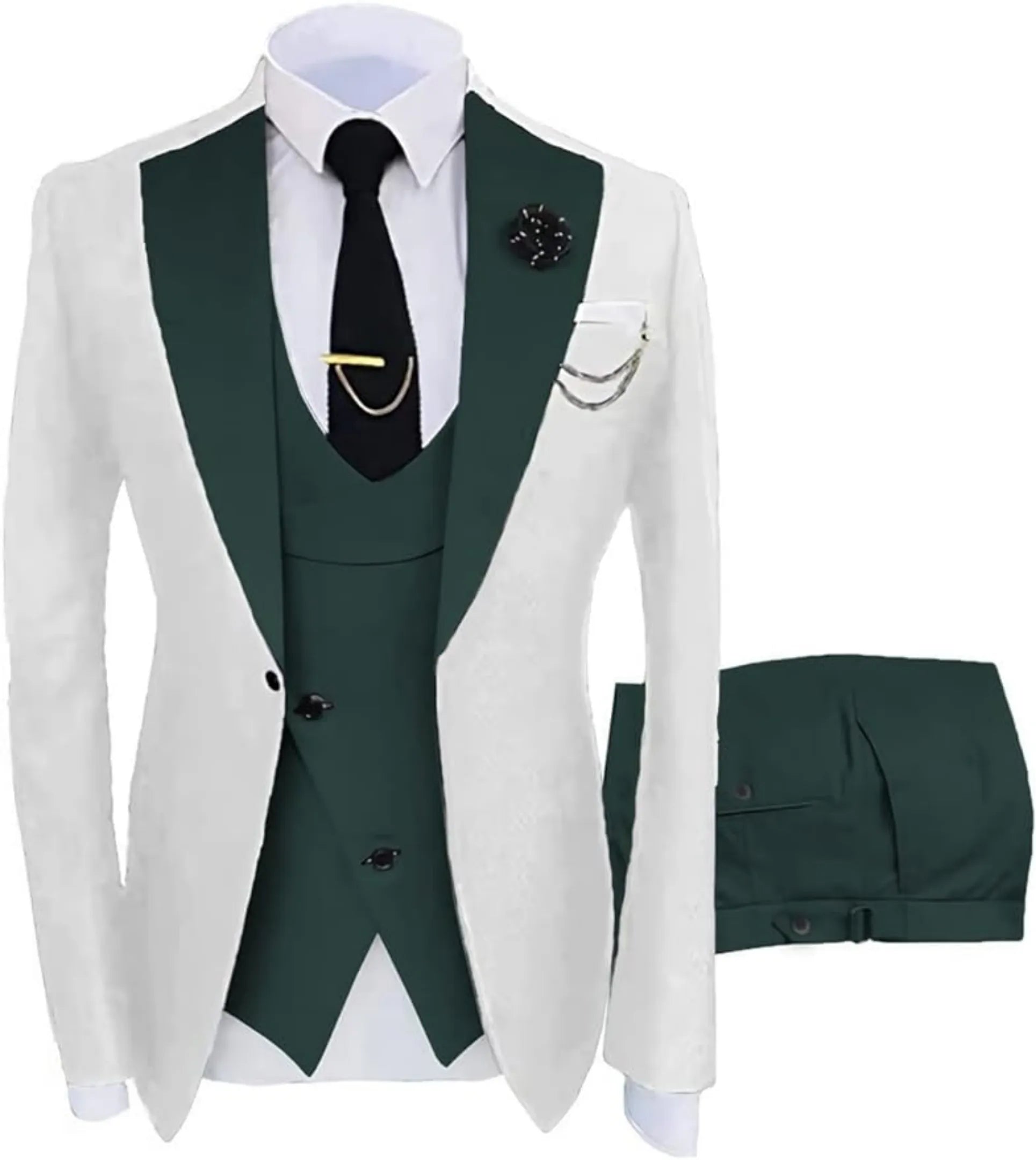 fashion slim fit wedding prom suit: white & dark green contrast 3-piece set, green trousers, gold tie clip, formal occasion wear with accessories