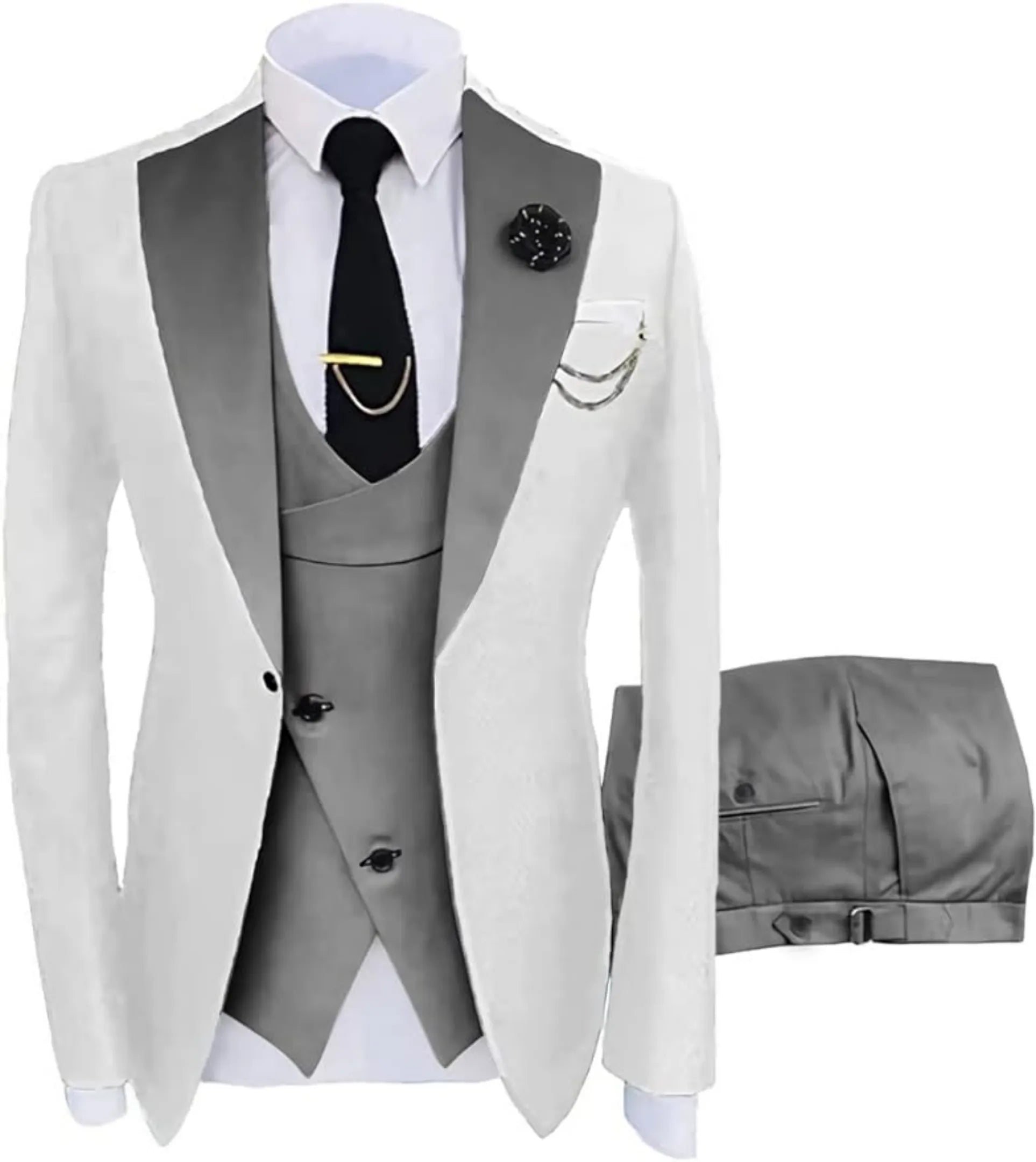 white and dark grey 3 piece men's suit: white blazer with dark grey satin V-lapel, cross grey vest, silver chain, lapel pin and white pocket square