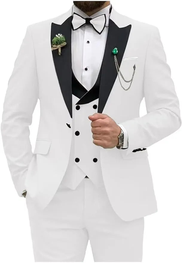white double breasted 3 piece suit with black lapel – front view