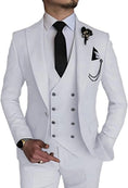Load image into Gallery viewer, front view of men's white double-breasted one-button 3-piece suit with black tie and pocket square – formal wedding and business attire
