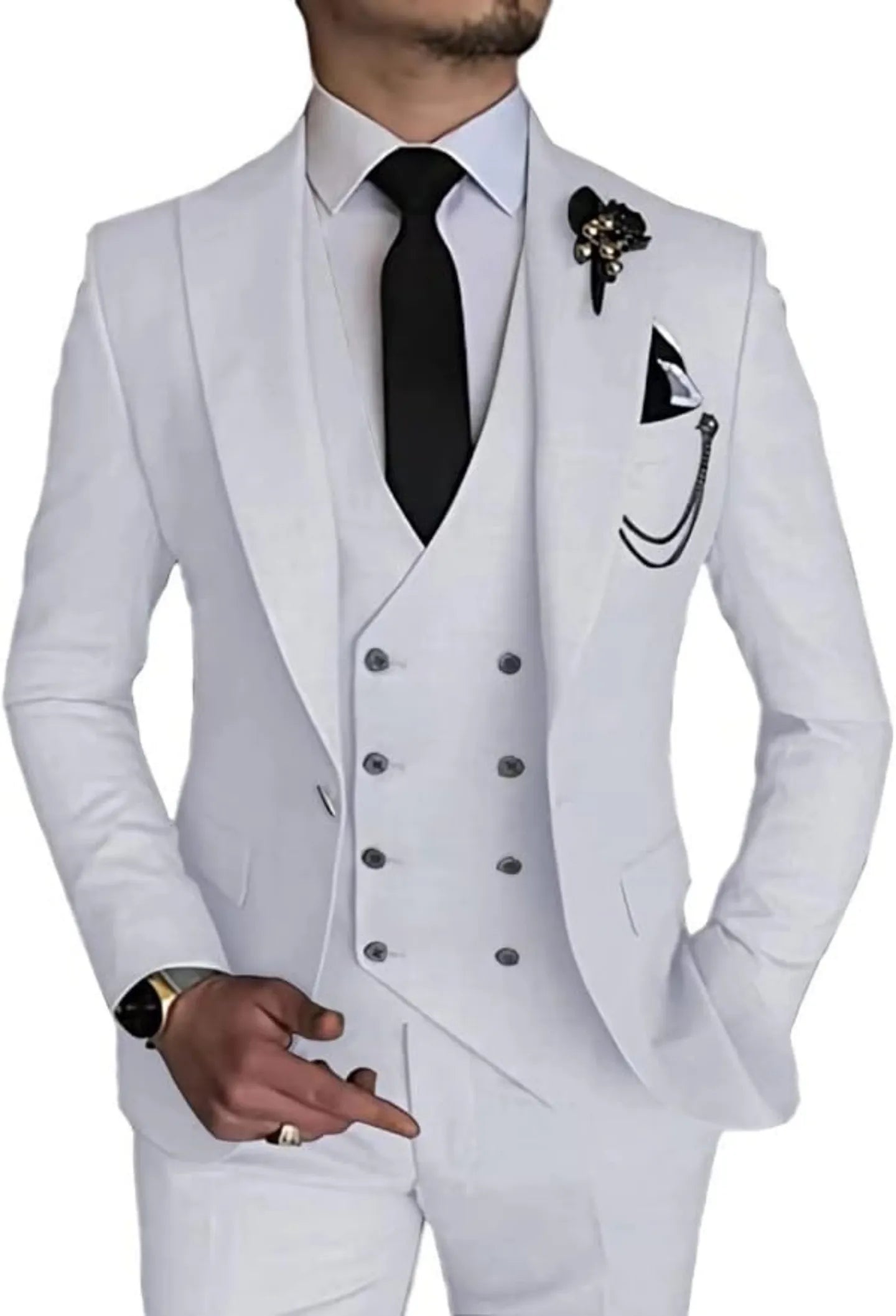 front view of men's white double-breasted one-button 3-piece suit with black tie and pocket square – formal wedding and business attire