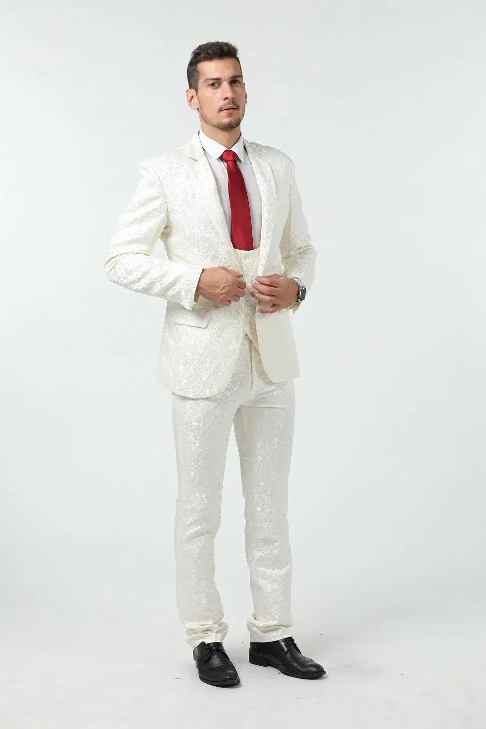 Front view of white floral 3 piece men's prom suit with white lapel blazer – modern banquet style