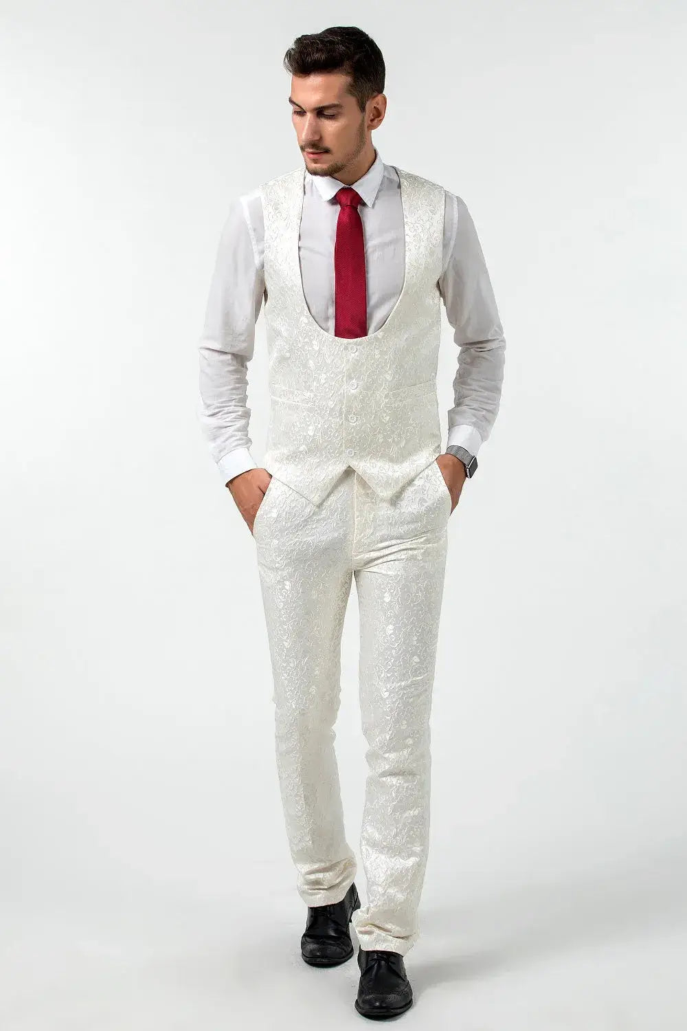 White floral vest and pants from men's 3 piece prom suit – stylish formal look without blazer