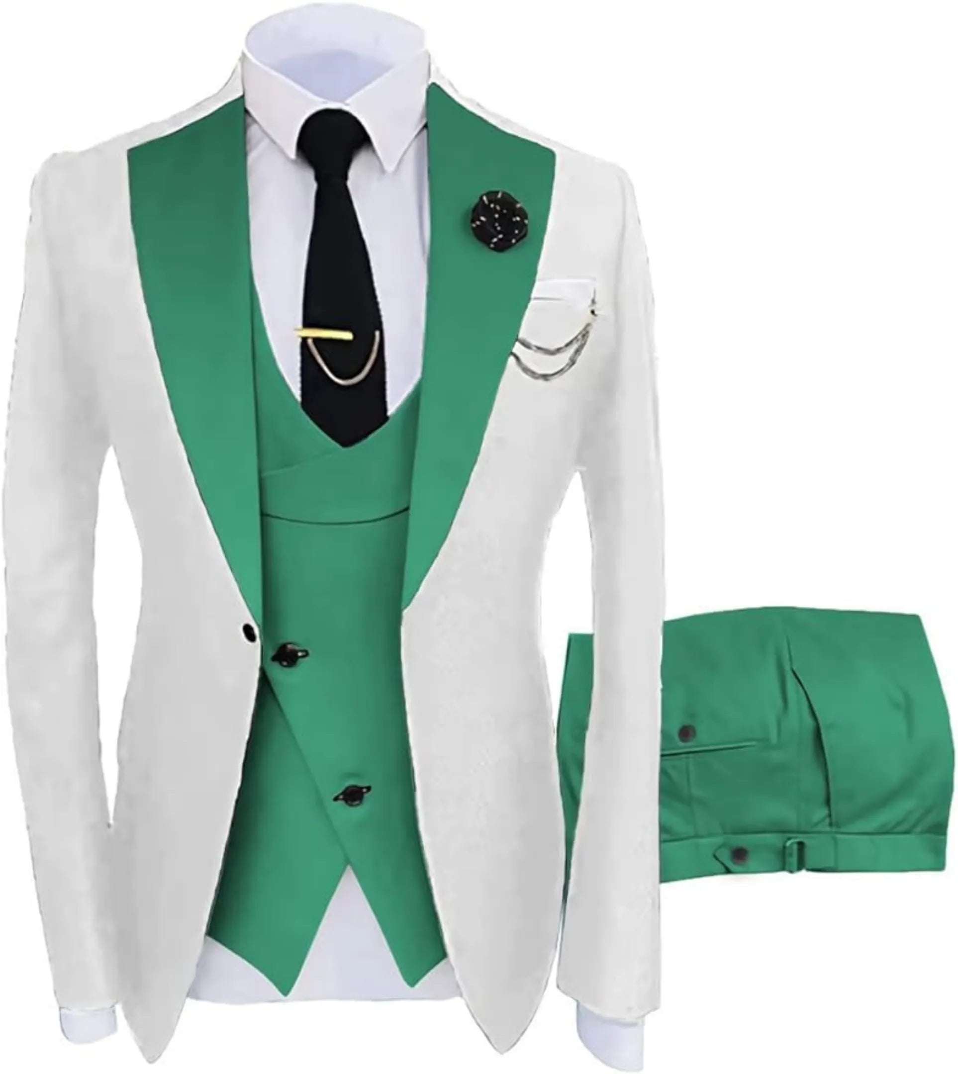 white and green 3 piece men's suit: white blazer with green satin V-lapel, cross green vest, silver chain, lapel pin and white pocket square