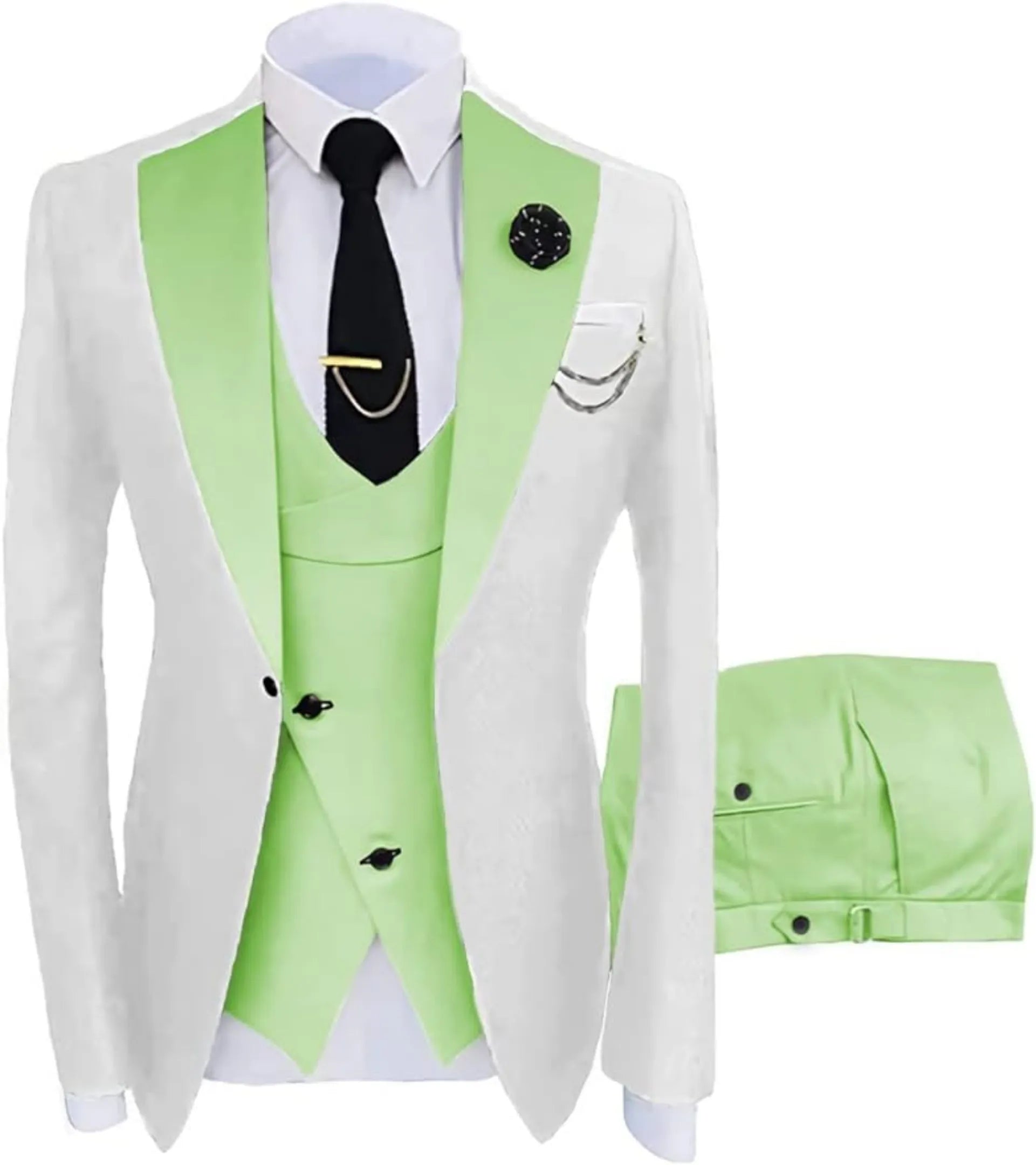 white and light green 3 piece men's suit: white blazer with light green satin V-lapel, cross green vest, silver chain, lapel pin and white pocket square