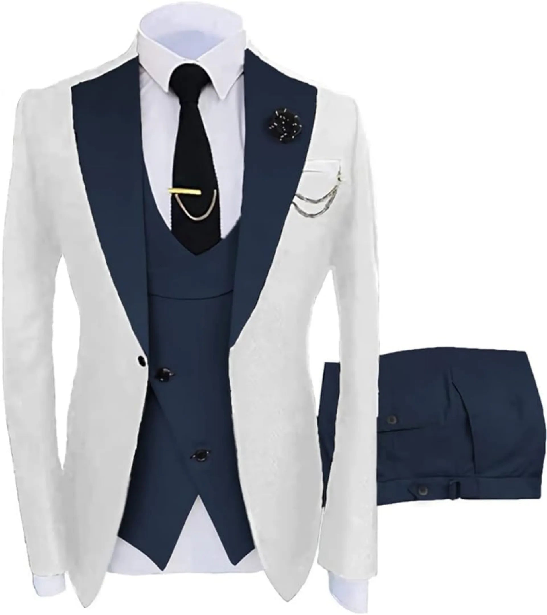 fashion slim fit wedding prom suit: white & navy contrast 3-piece set, blue trousers, gold tie clip, formal occasion wear with accessories