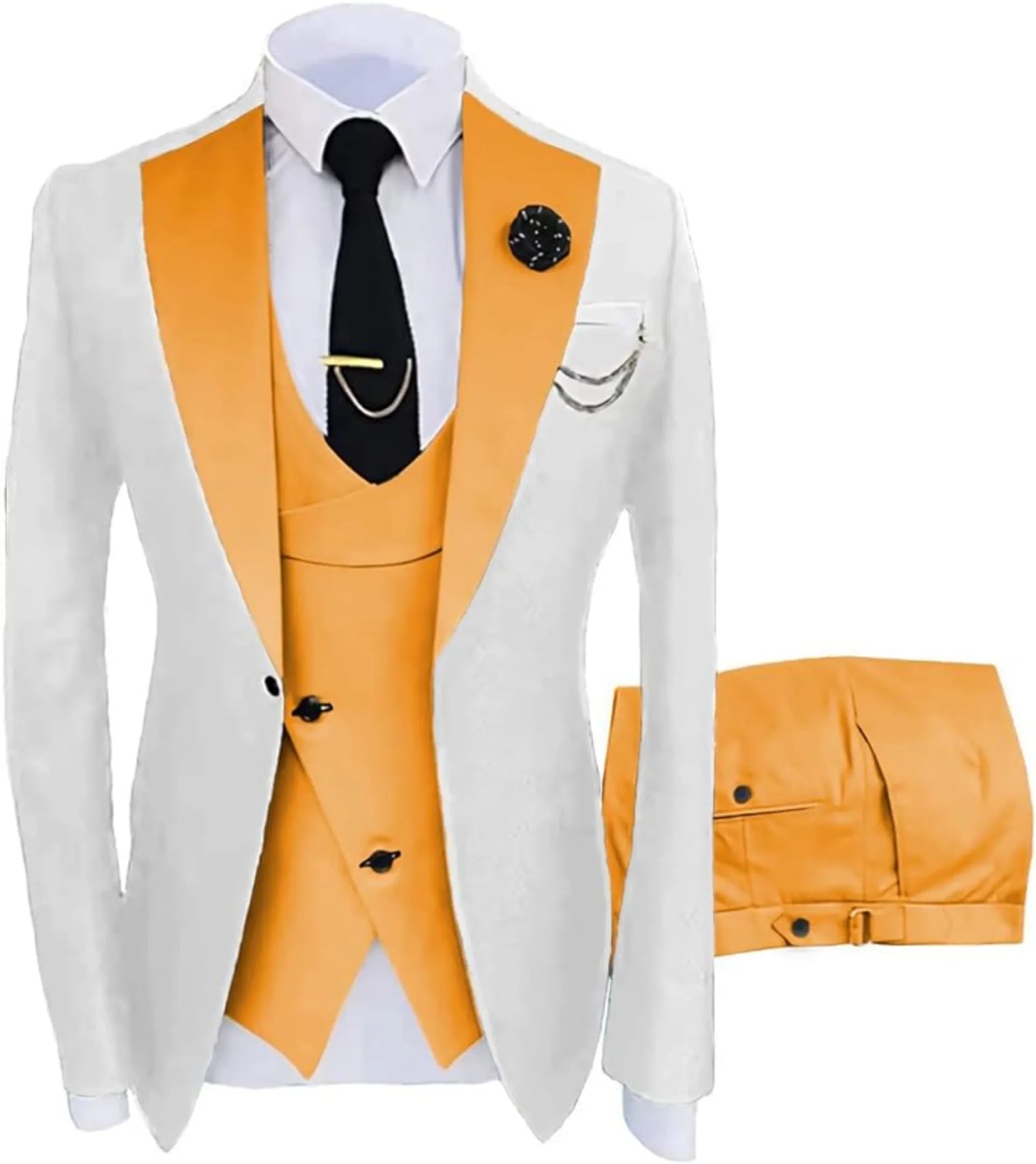 white and orange 3 piece men's suit: white blazer with orange satin V-lapel, cross orange vest, silver chain, lapel pin and white pocket square