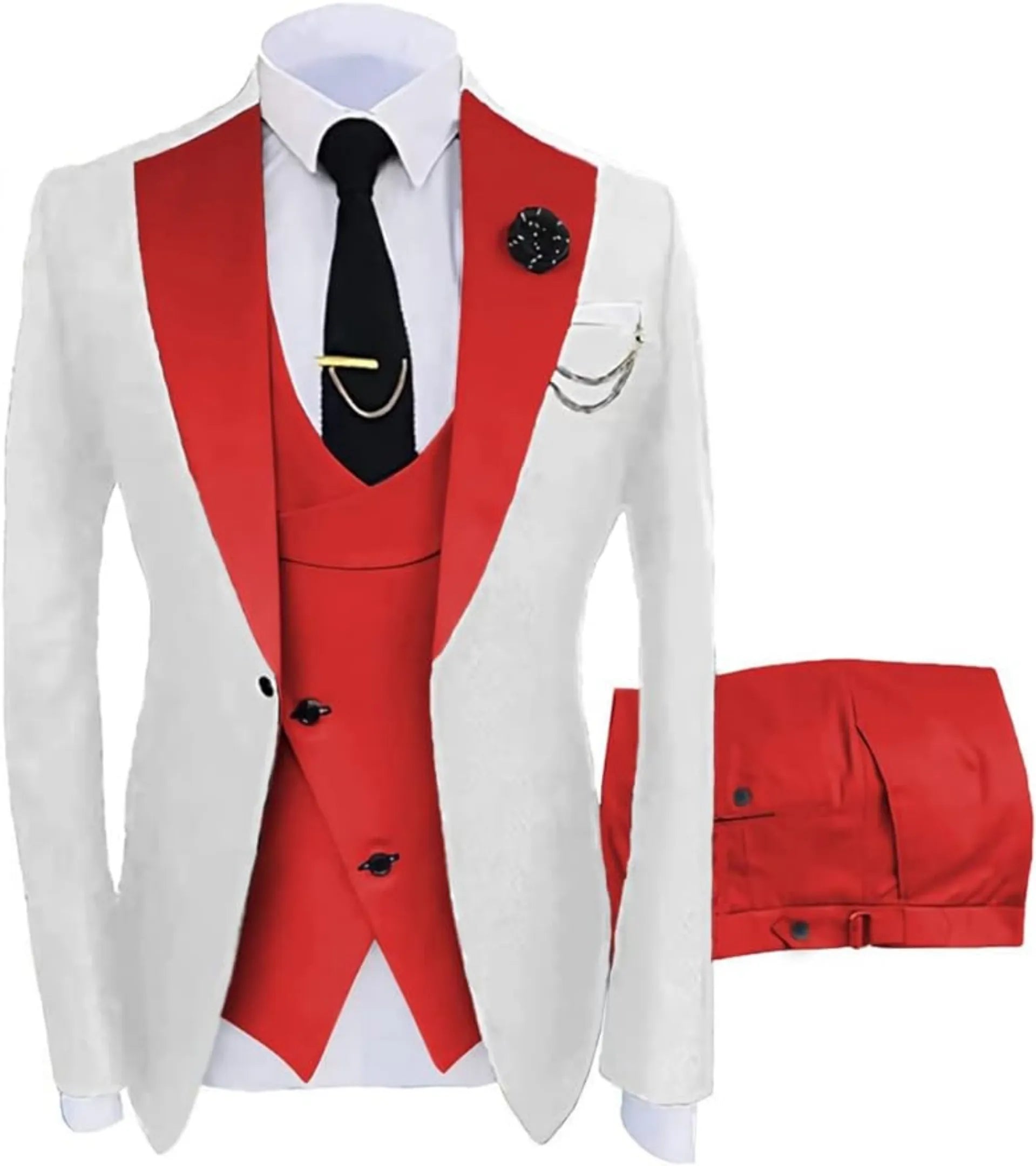 fashion slim fit wedding prom suit: white & red contrast 3-piece set, red trousers, gold tie clip, formal occasion wear with accessories