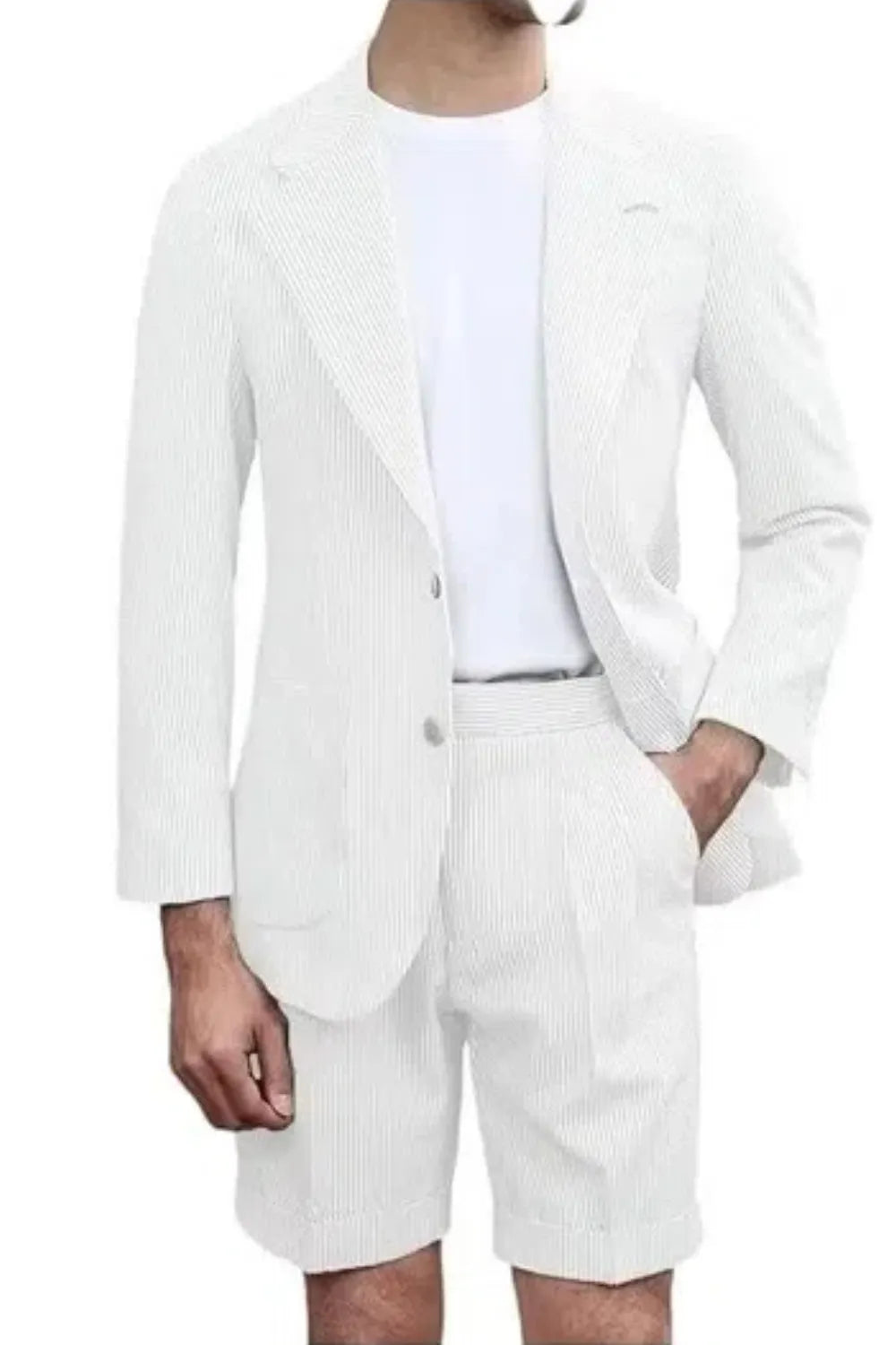 white striped seersucker shorts suit for men – lightweight summer blazer with shorts