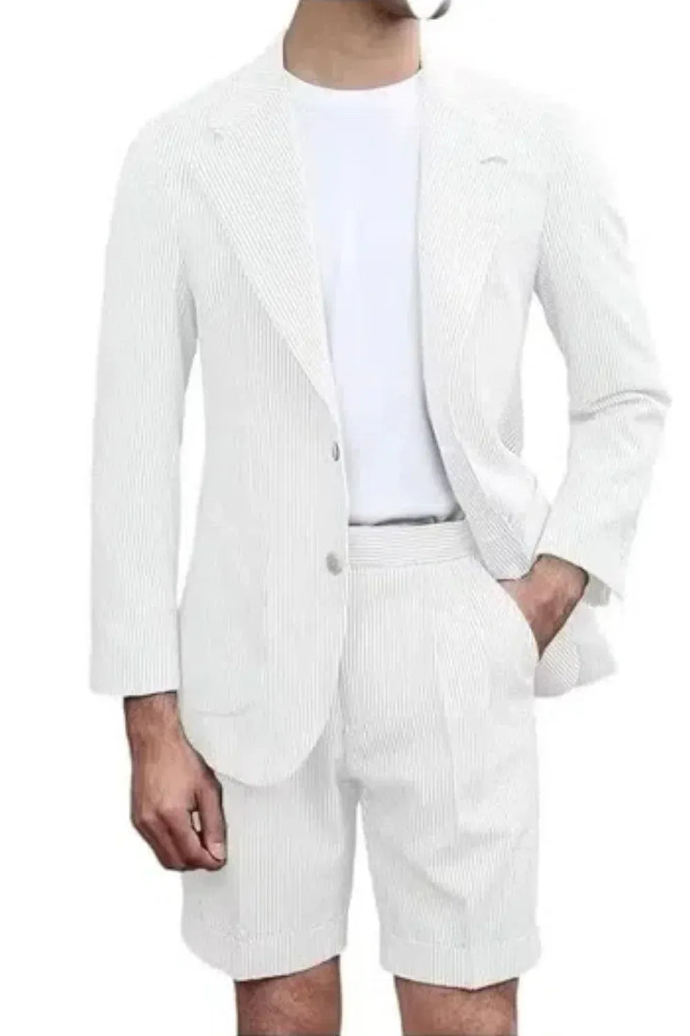 white men's 2 piece seersucker suit set – breathable summer outfit with striped fabric