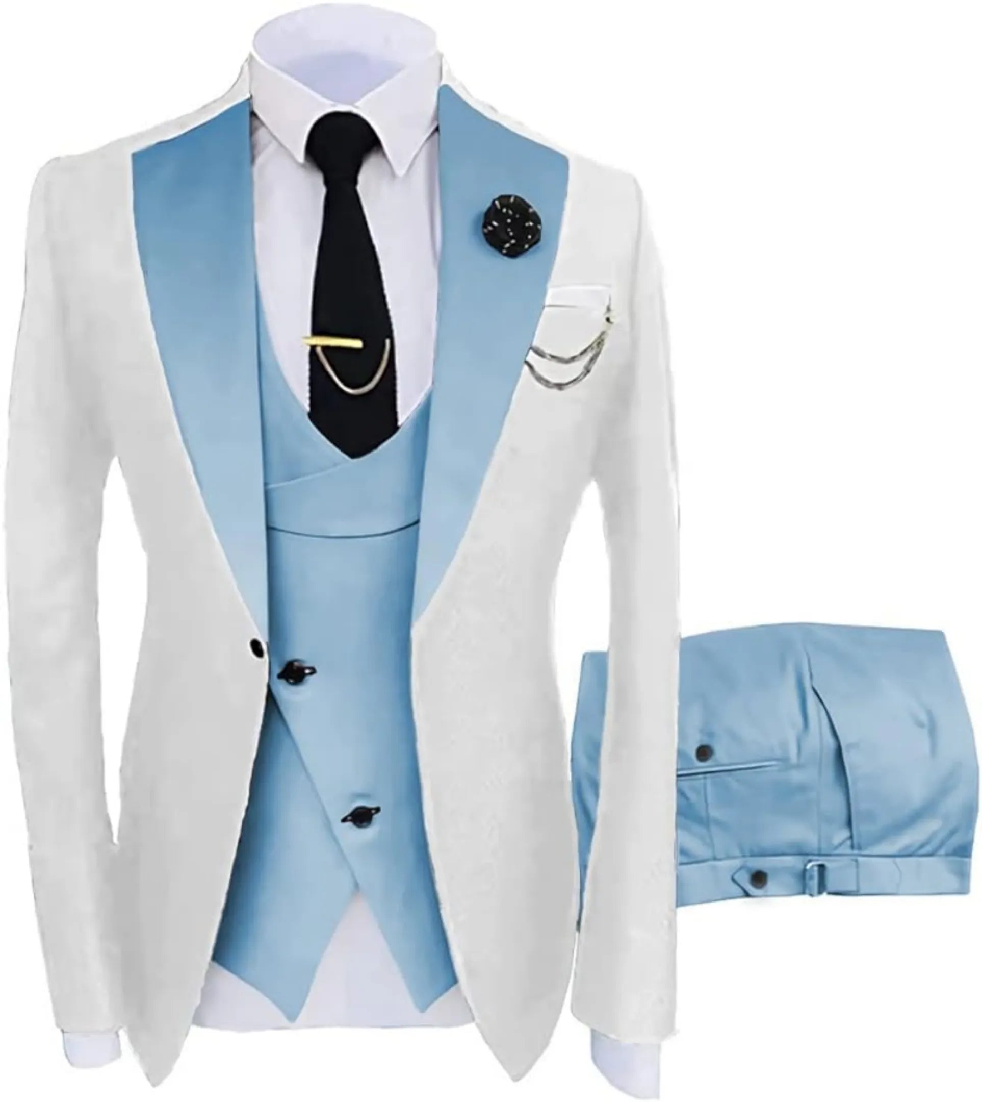 white and sky blue 3 piece men's suit: white blazer with sky blue satin V-lapel, cross blue vest, silver chain, lapel pin and white pocket square