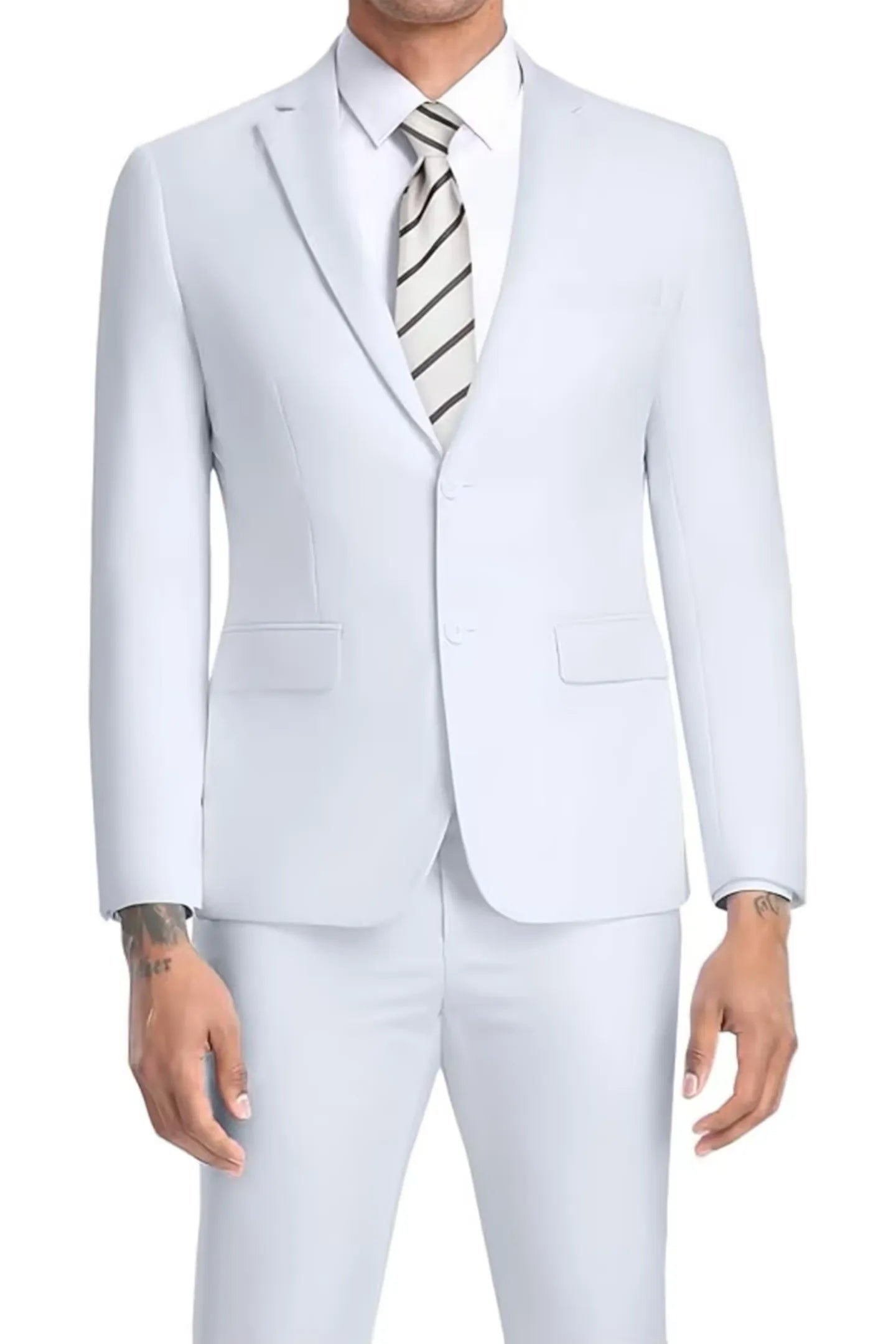 white slim fit two-piece suit for men, featuring a peak lapel blazer and dress pants – ideal for modern weddings, proms, or formal events.