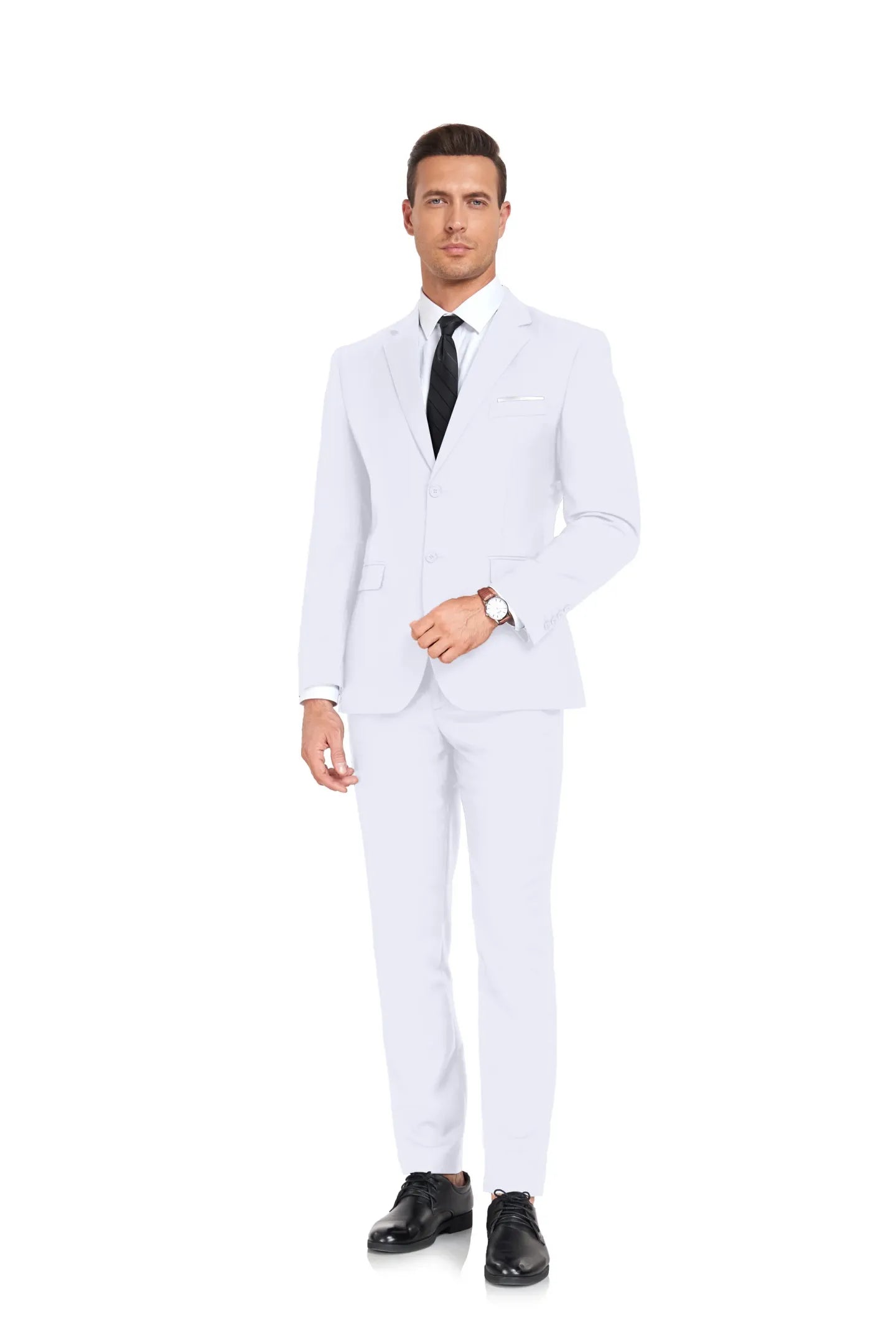 full-length shot of white two-piece men's suit, showcasing lightweight formalwear, perfect for grooms or destination weddings.