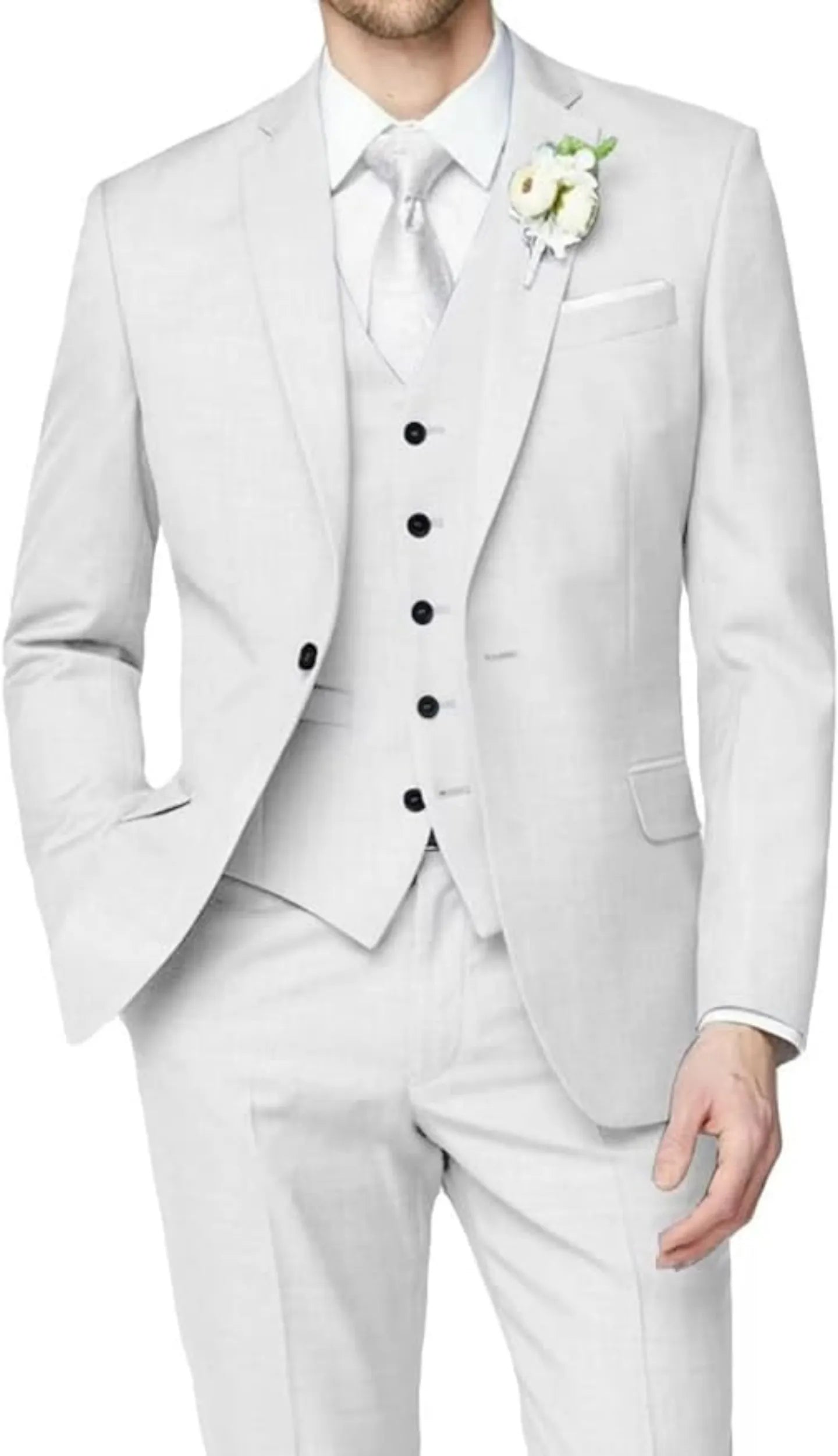 front view of white wedding groomsmen 3 piece men's suit with tailored blazer, buttoned vest, slim trousers, white shirt, and silver tie with boutonniere
