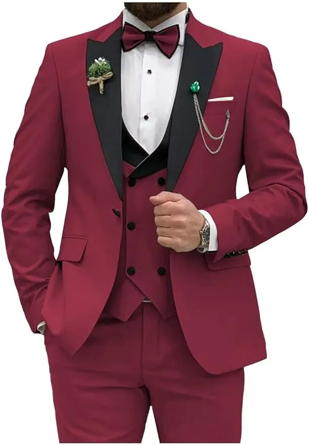 wine red double breasted 3 piece suit with black lapel – front view